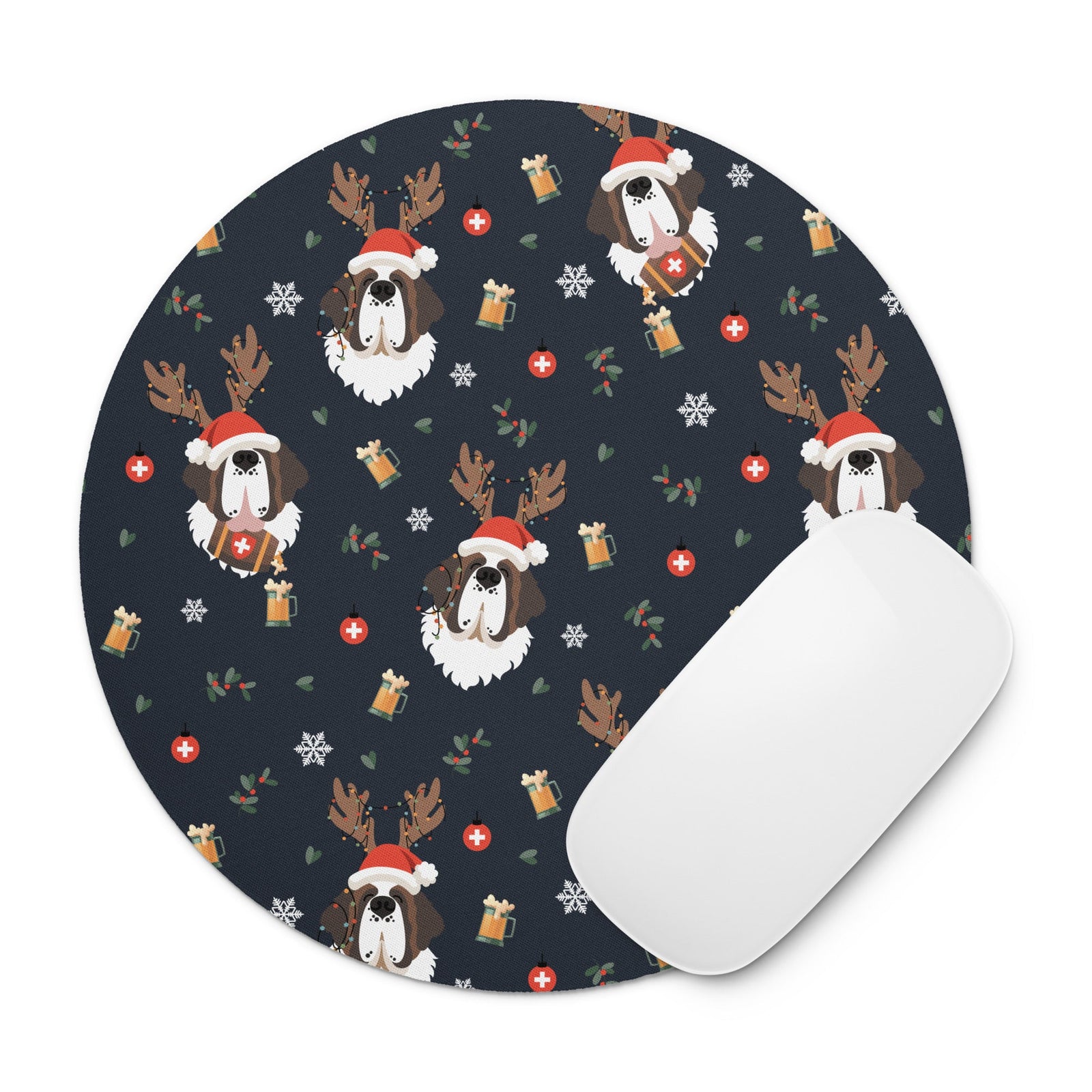 Saint Bernard Reindeer Beer Round Mouse Pad - Lucy + Norman