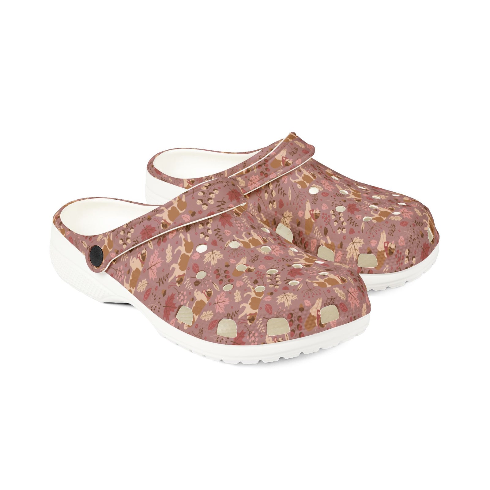 White EVA clog shoes with an all-over dusty rose Saint Bernard and autumn leaf pattern by Lucy and Norman