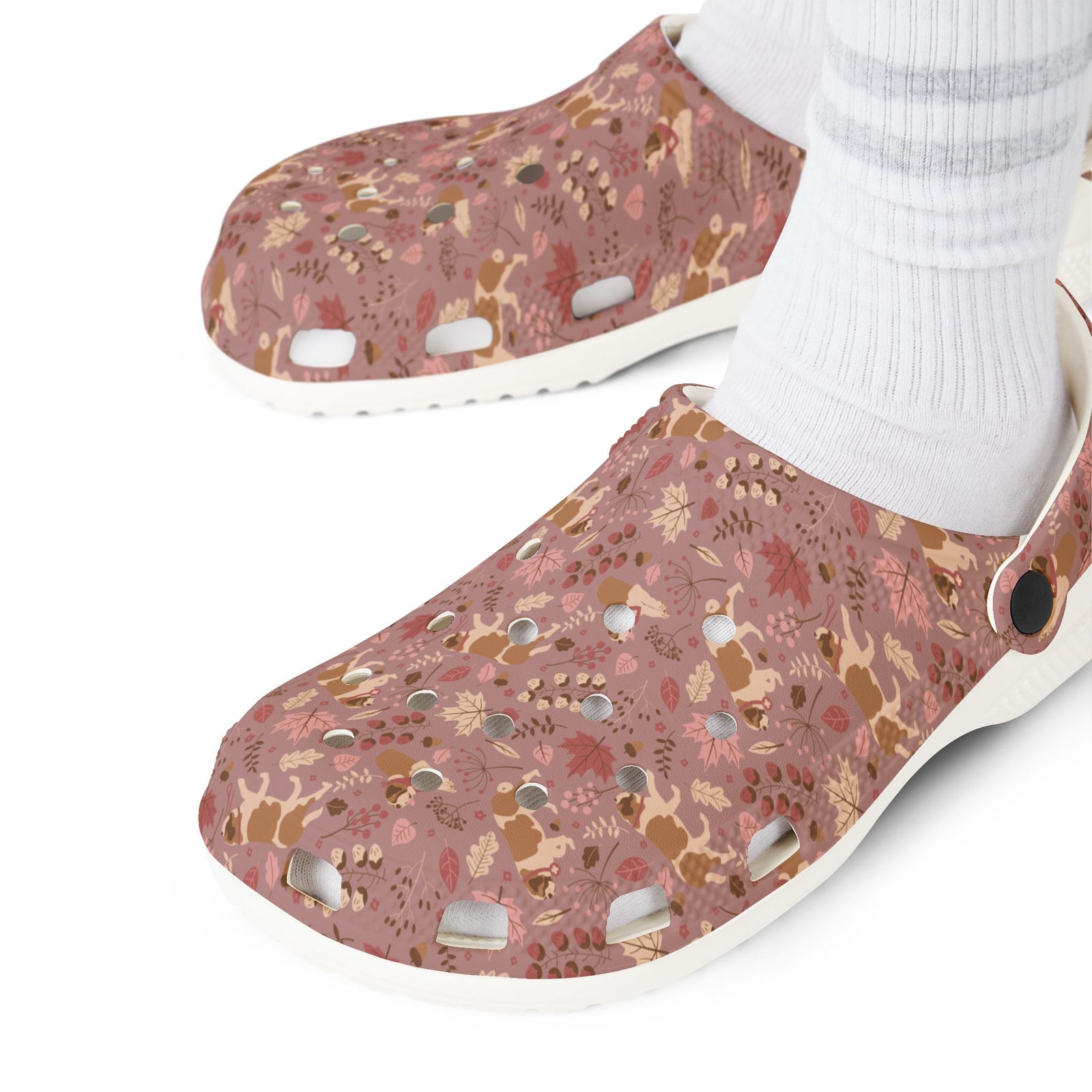White EVA clog shoes with an all-over dusty rose Saint Bernard and autumn leaf pattern by Lucy and Norman
