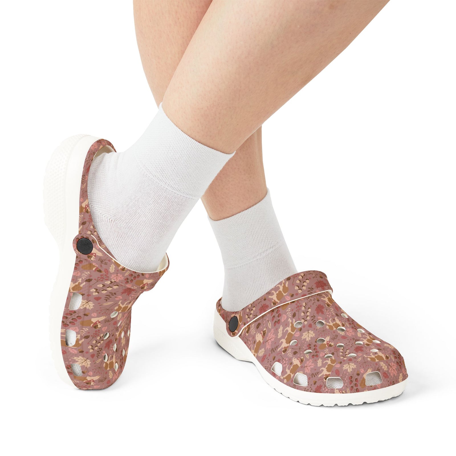 White EVA clog shoes with an all-over dusty rose Saint Bernard and autumn leaf pattern by Lucy and Norman
