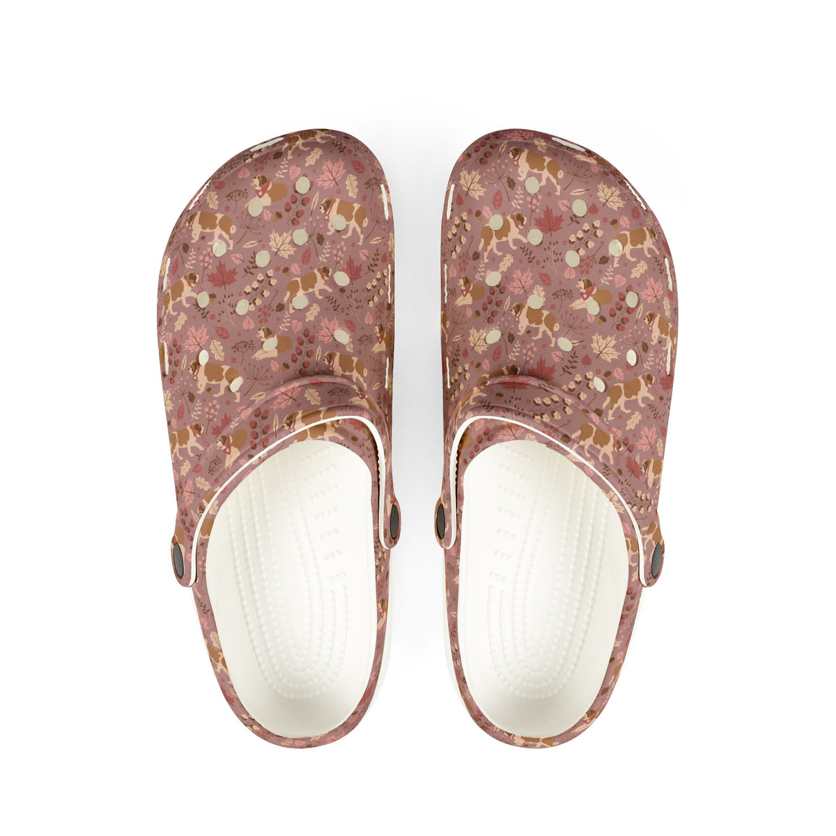 White EVA clog shoes with an all-over dusty rose Saint Bernard and autumn leaf pattern by Lucy and Norman