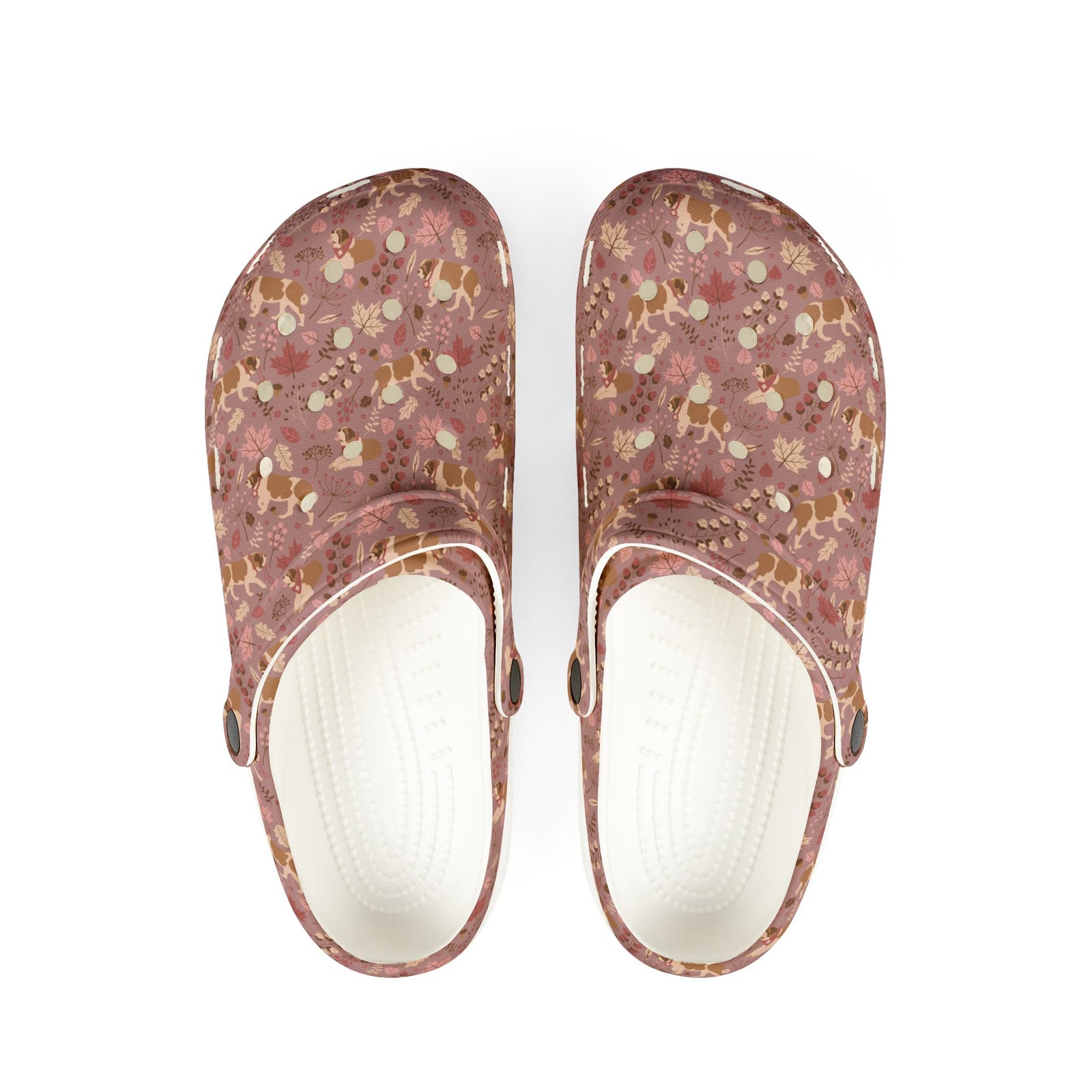 White EVA clog shoes with an all-over dusty rose Saint Bernard and autumn leaf pattern by Lucy and Norman
