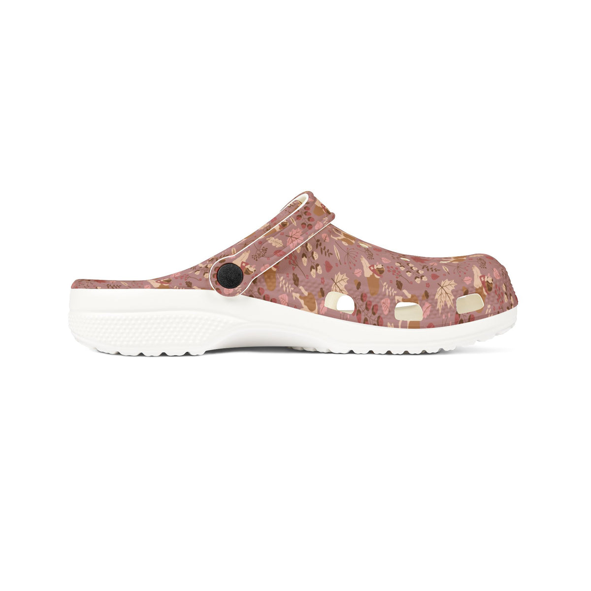 White EVA clog shoes with an all-over dusty rose Saint Bernard and autumn leaf pattern by Lucy and Norman