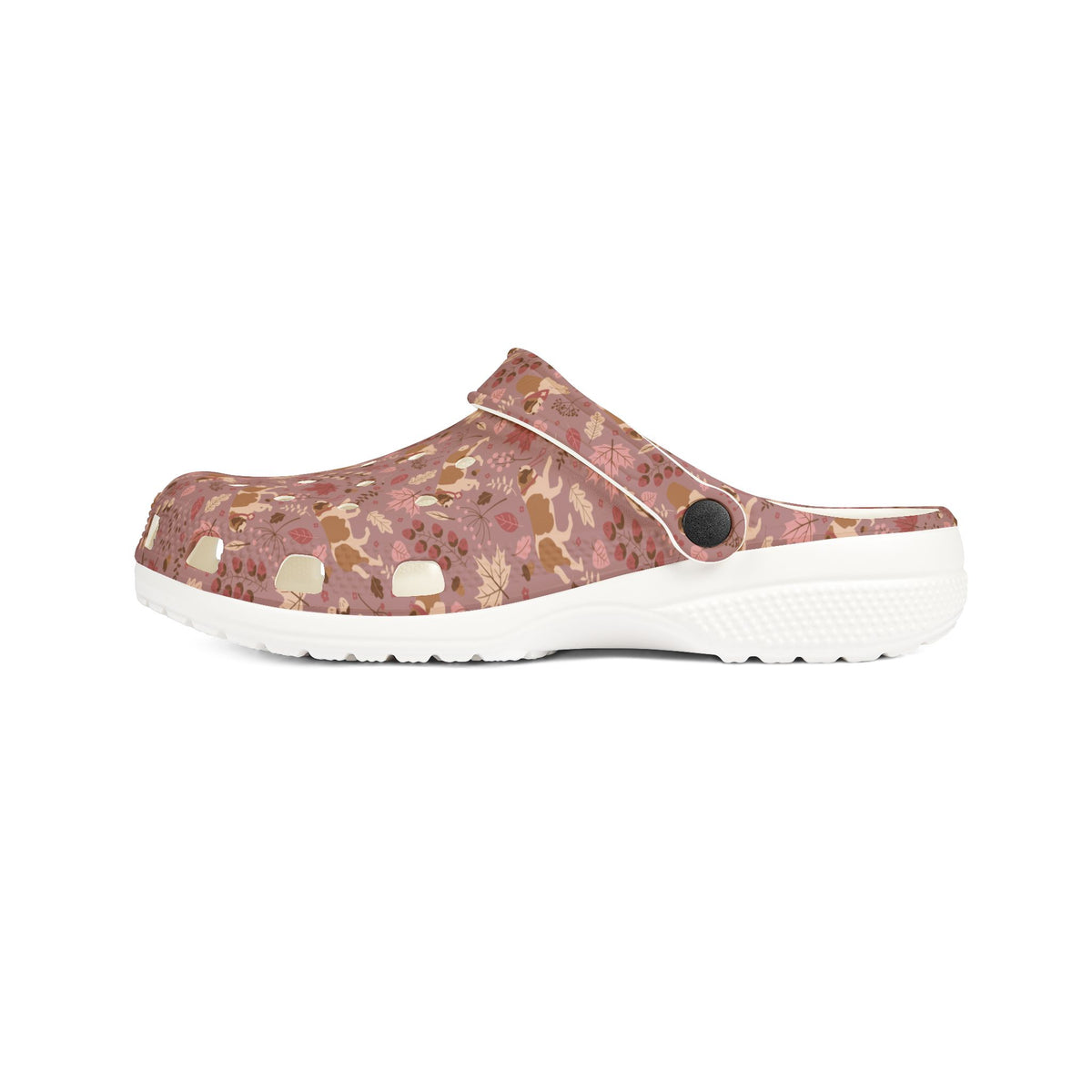 White EVA clog shoes with an all-over dusty rose Saint Bernard and autumn leaf pattern by Lucy and Norman