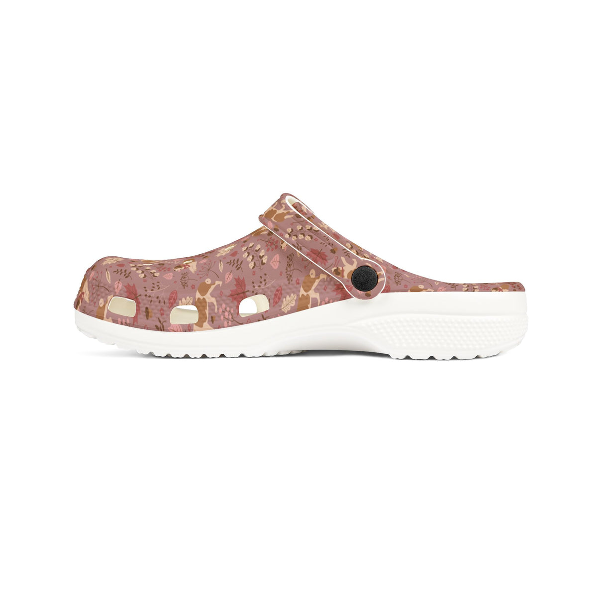 White EVA clog shoes with an all-over dusty rose Saint Bernard and autumn leaf pattern by Lucy and Norman