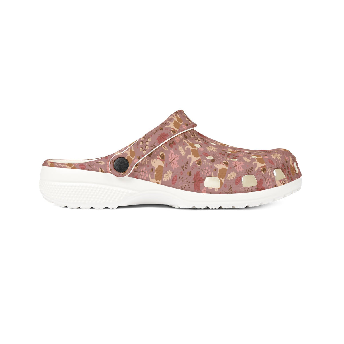 White EVA clog shoes with an all-over dusty rose Saint Bernard and autumn leaf pattern by Lucy and Norman