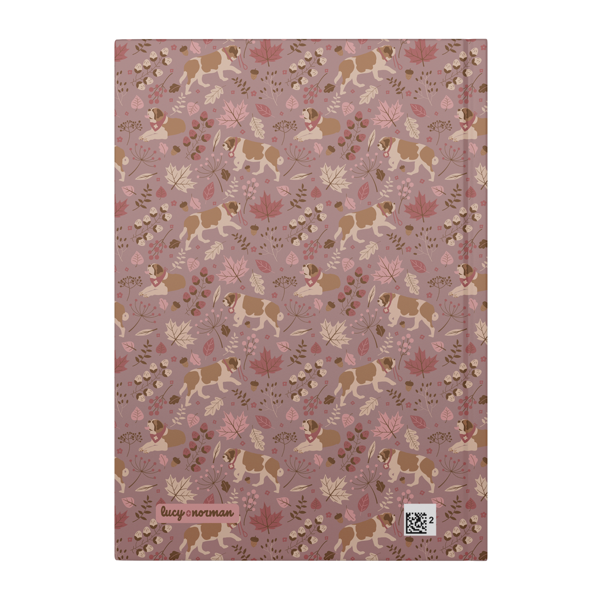 Rosy Fall Saint Bernard hardcover lined journal with a dusty-rose cover featuring Saint Bernards among maple leaves, acorns, and autumn berries.