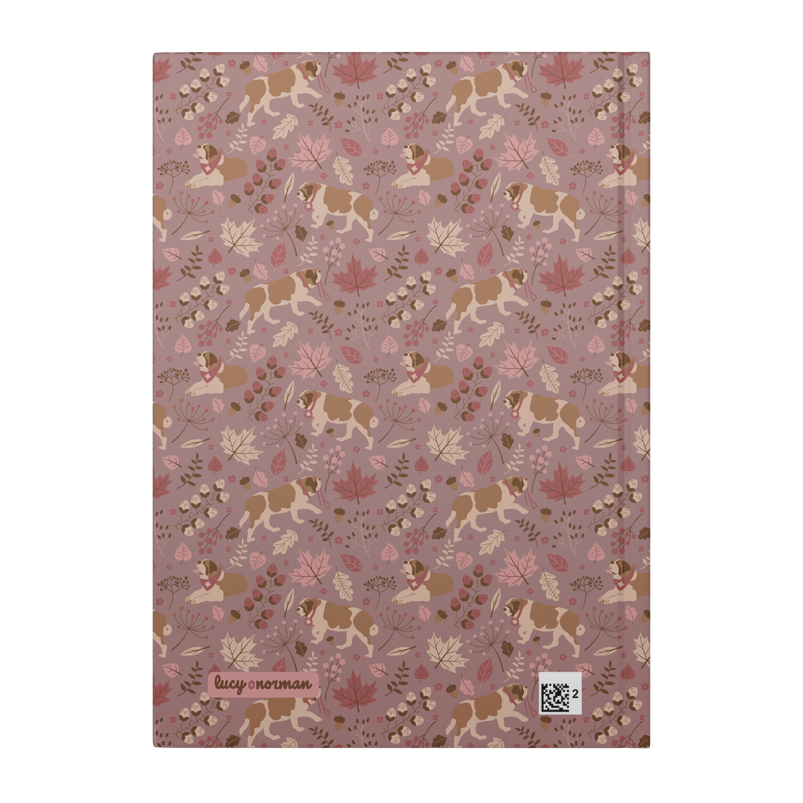 Rosy Fall Saint Bernard hardcover lined journal with a dusty-rose cover featuring Saint Bernards among maple leaves, acorns, and autumn berries.