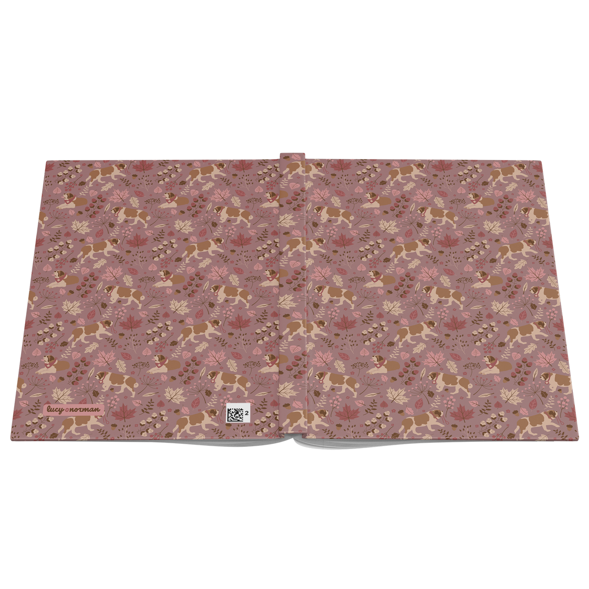 Rosy Fall Saint Bernard hardcover lined journal with a dusty-rose cover featuring Saint Bernards among maple leaves, acorns, and autumn berries.
