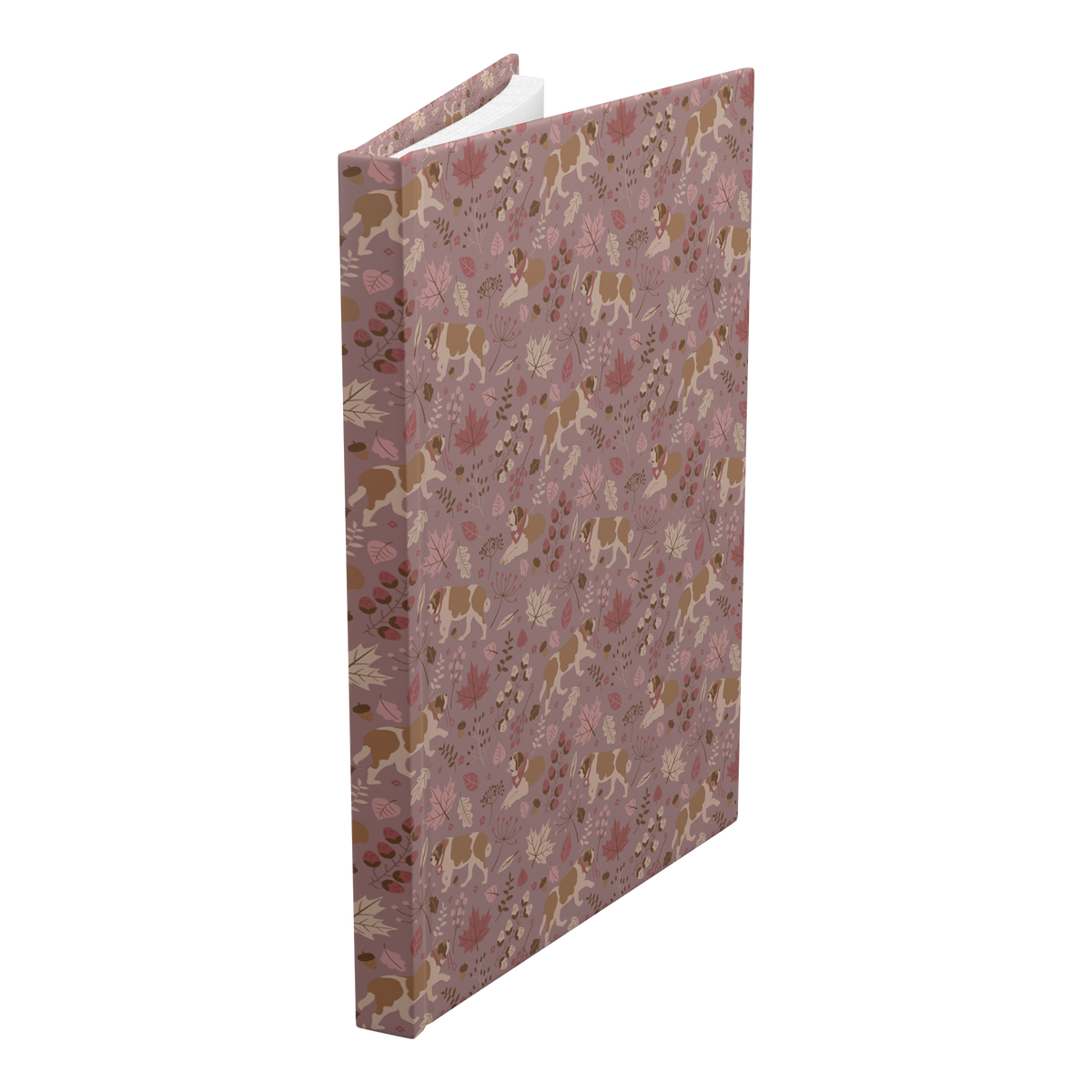 Rosy Fall Saint Bernard hardcover lined journal with a dusty-rose cover featuring Saint Bernards among maple leaves, acorns, and autumn berries.