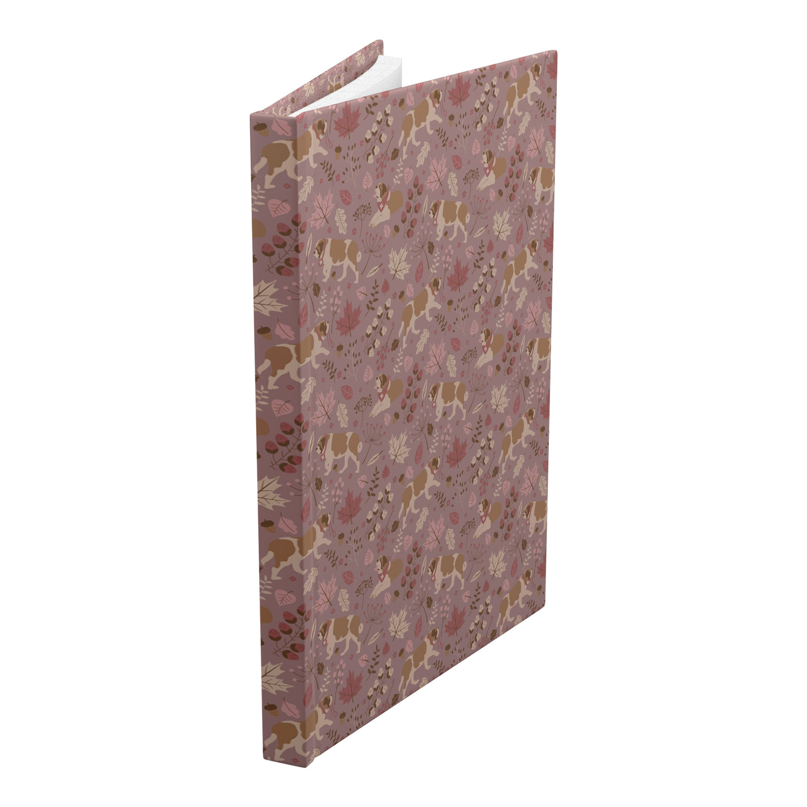 Rosy Fall Saint Bernard hardcover lined journal with a dusty-rose cover featuring Saint Bernards among maple leaves, acorns, and autumn berries.