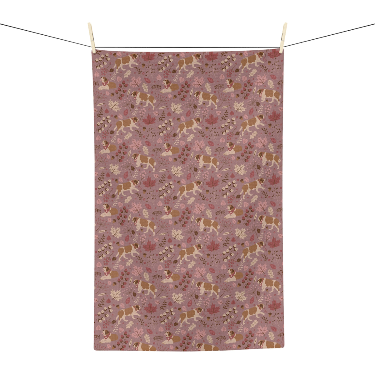 Rosy Fall Saint Bernard microfiber tea towel with a dusty-rose print of Saint Bernards among maple leaves, acorns, and autumn berries.