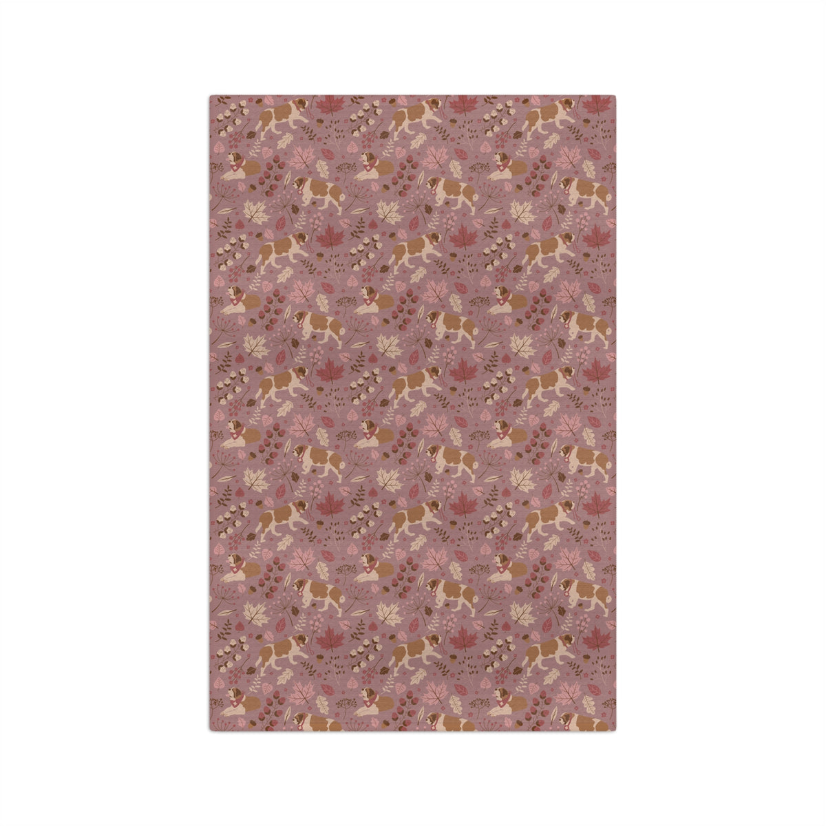 Rosy Fall Saint Bernard microfiber tea towel with a dusty-rose print of Saint Bernards among maple leaves, acorns, and autumn berries.