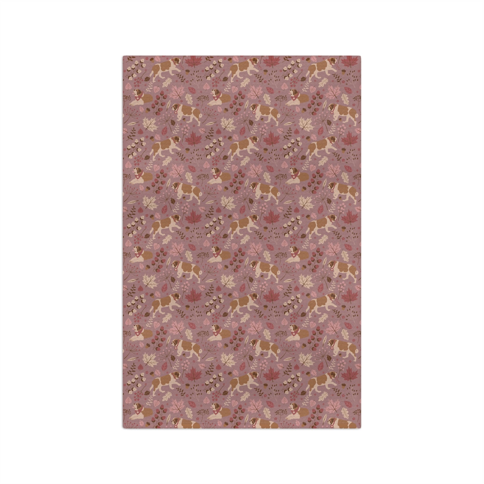 Rosy Fall Saint Bernard microfiber tea towel with a dusty-rose print of Saint Bernards among maple leaves, acorns, and autumn berries.
