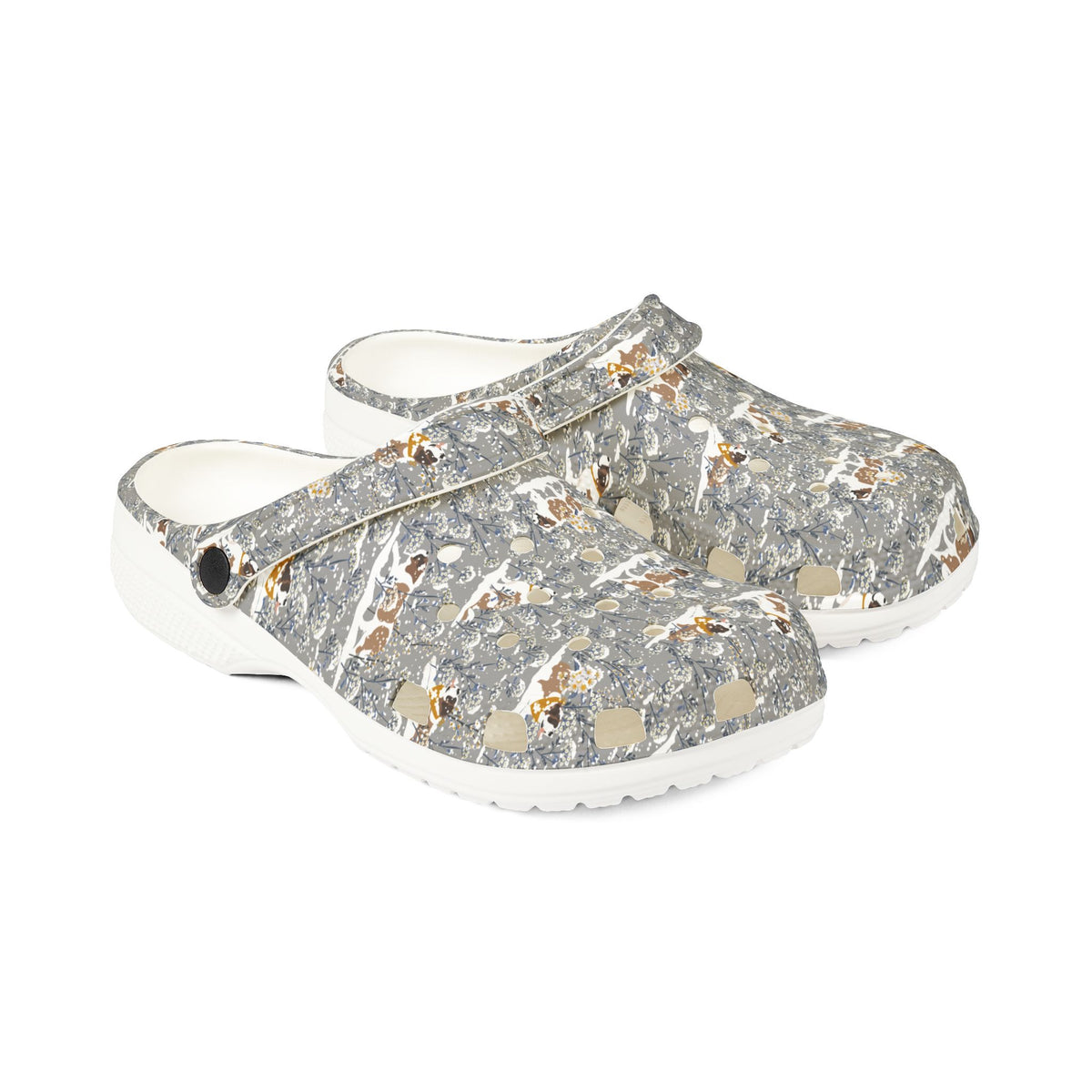 White EVA clog shoes with an all-over gray Saint Bernard pattern with snowy florals by Lucy and Norman