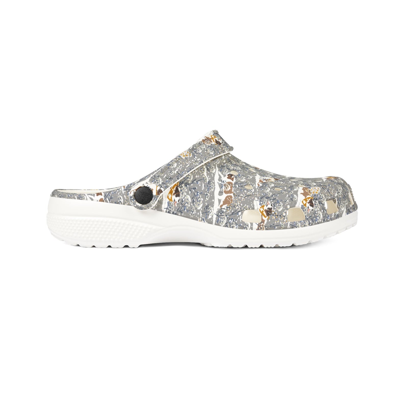 White EVA clog shoes with an all-over gray Saint Bernard pattern with snowy florals by Lucy and Norman