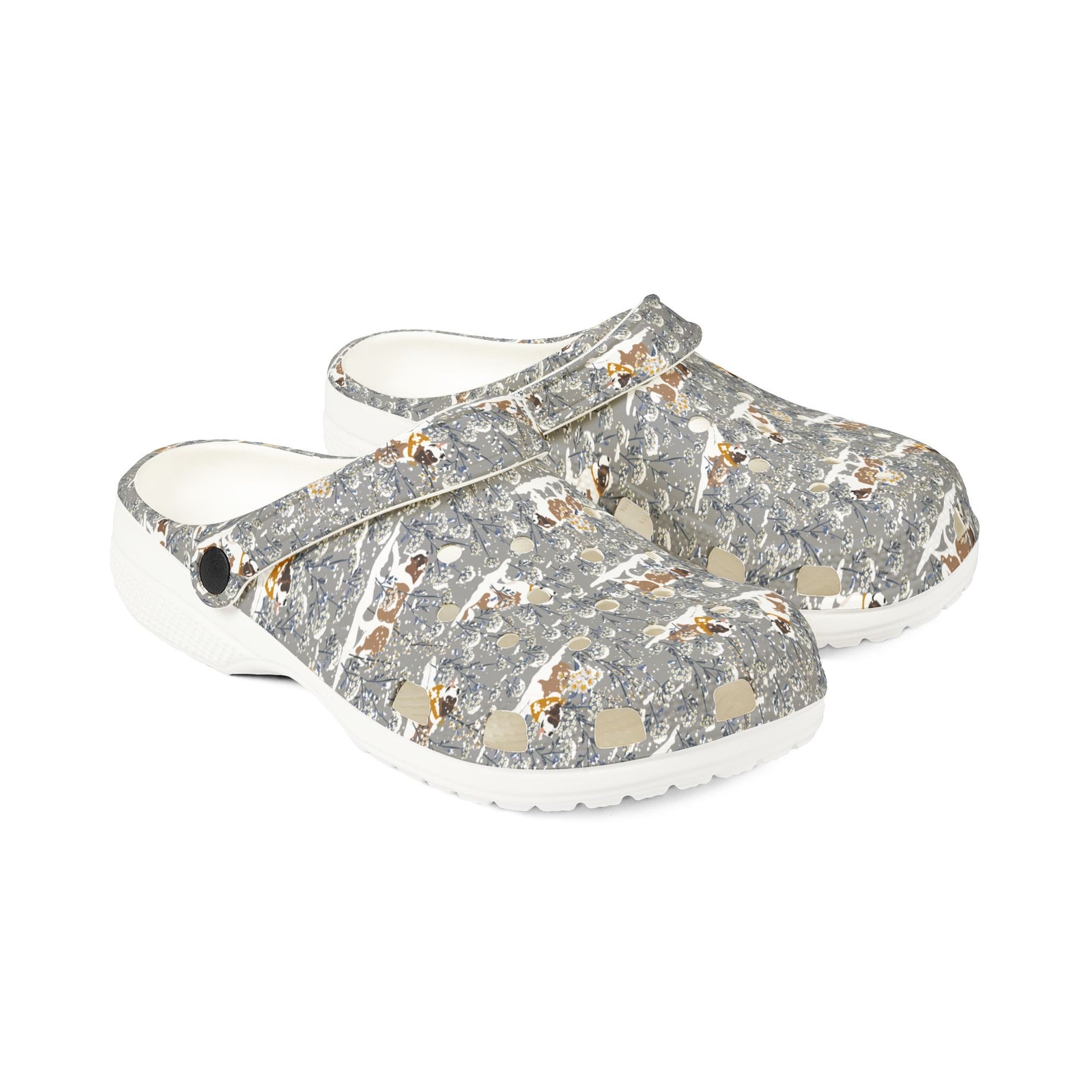 White EVA clog shoes with an all-over gray Saint Bernard pattern with snowy florals by Lucy and Norman