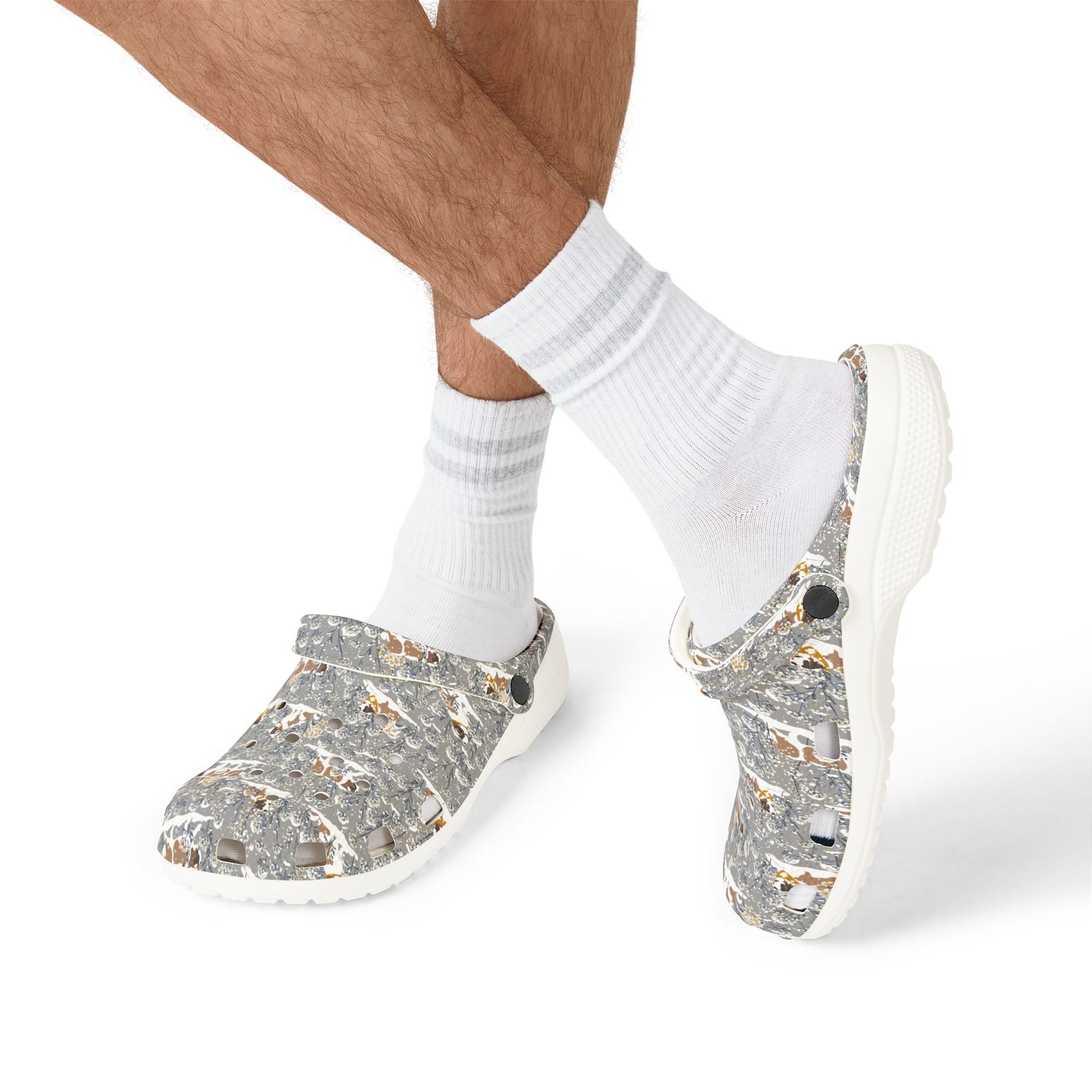 White EVA clog shoes with an all-over gray Saint Bernard pattern with snowy florals by Lucy and Norman