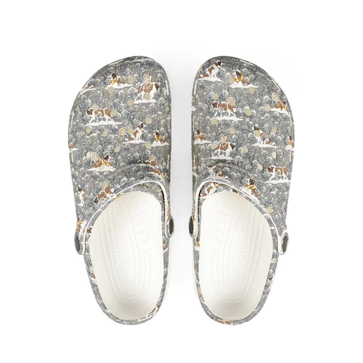 White EVA clog shoes with an all-over gray Saint Bernard pattern with snowy florals by Lucy and Norman