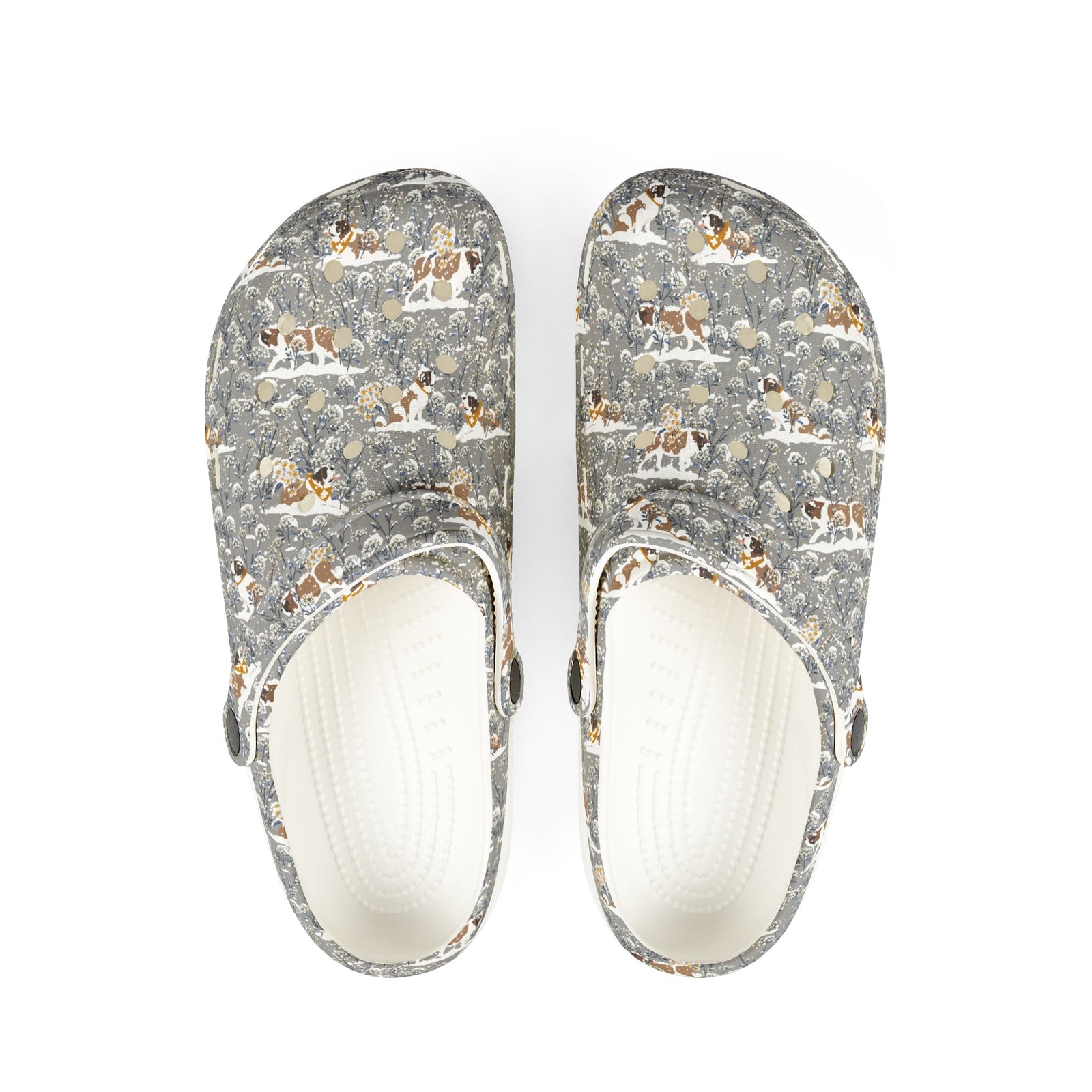 White EVA clog shoes with an all-over gray Saint Bernard pattern with snowy florals by Lucy and Norman