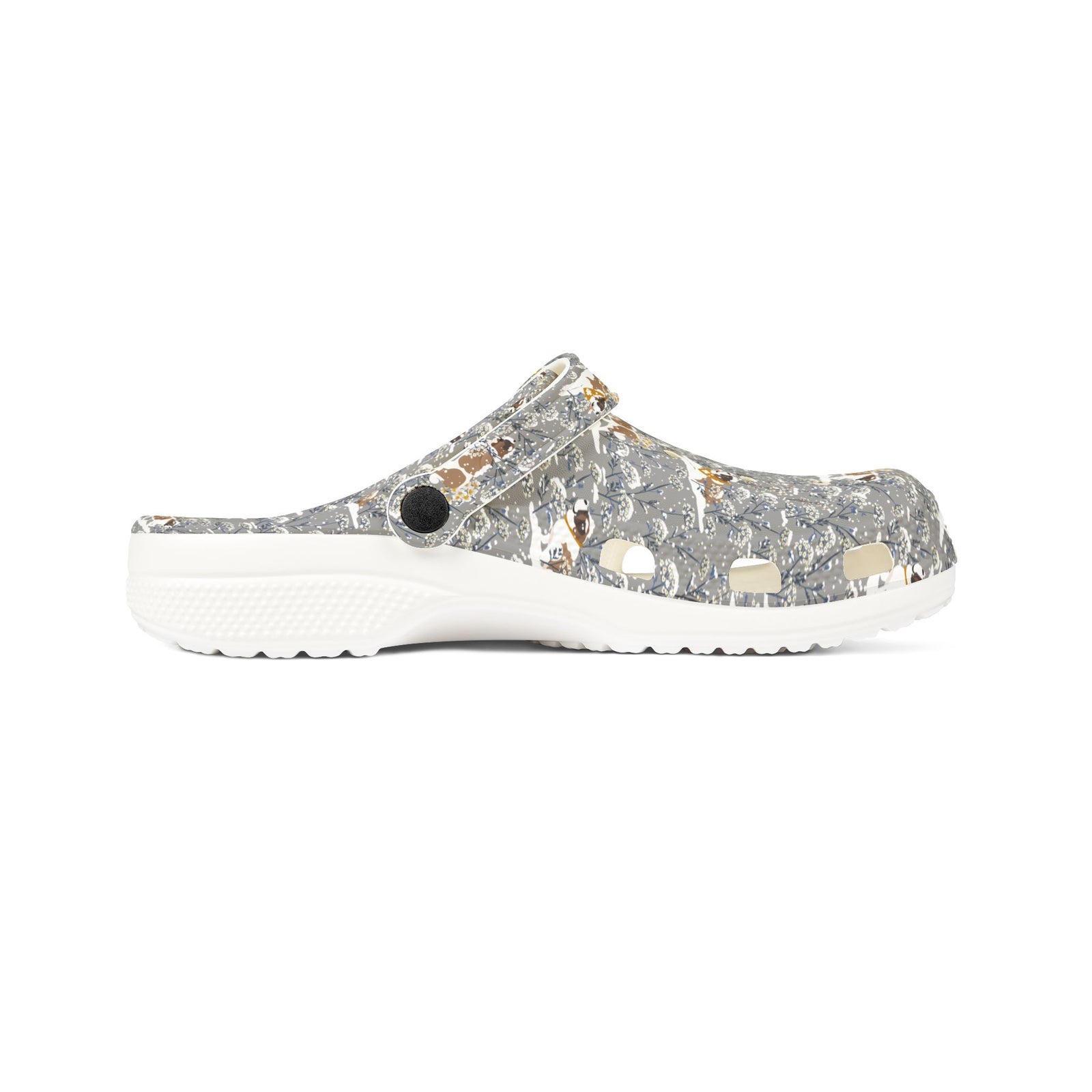 White EVA clog shoes with an all-over gray Saint Bernard pattern with snowy florals by Lucy and Norman