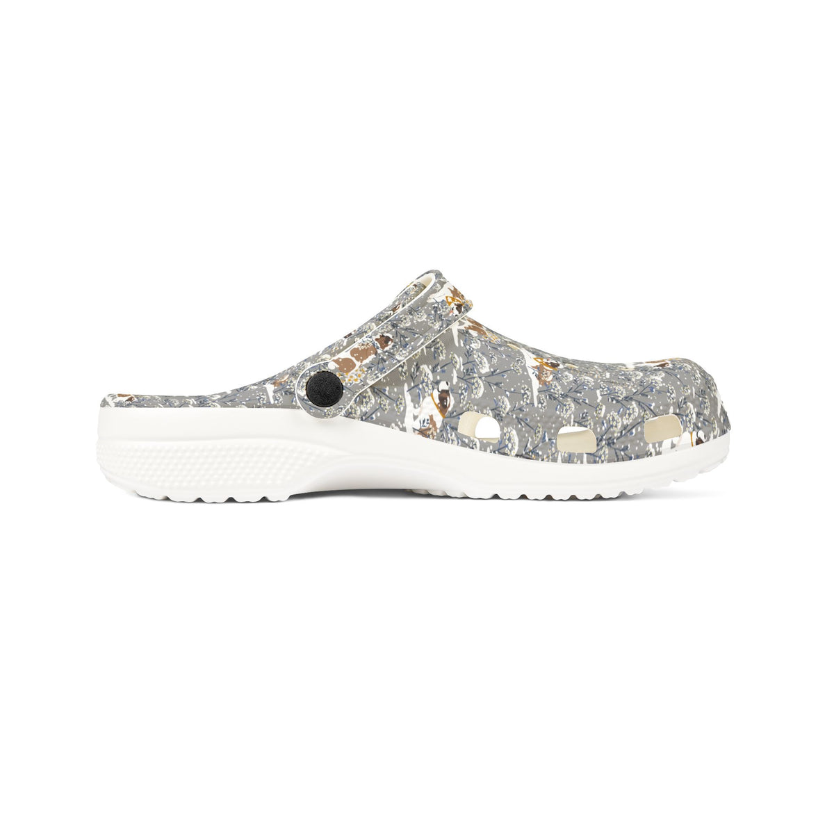 White EVA clog shoes with an all-over gray Saint Bernard pattern with snowy florals by Lucy and Norman