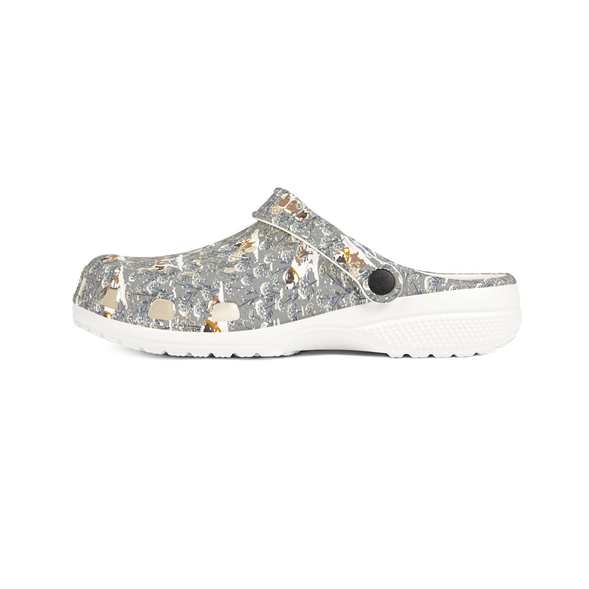 White EVA clog shoes with an all-over gray Saint Bernard pattern with snowy florals by Lucy and Norman