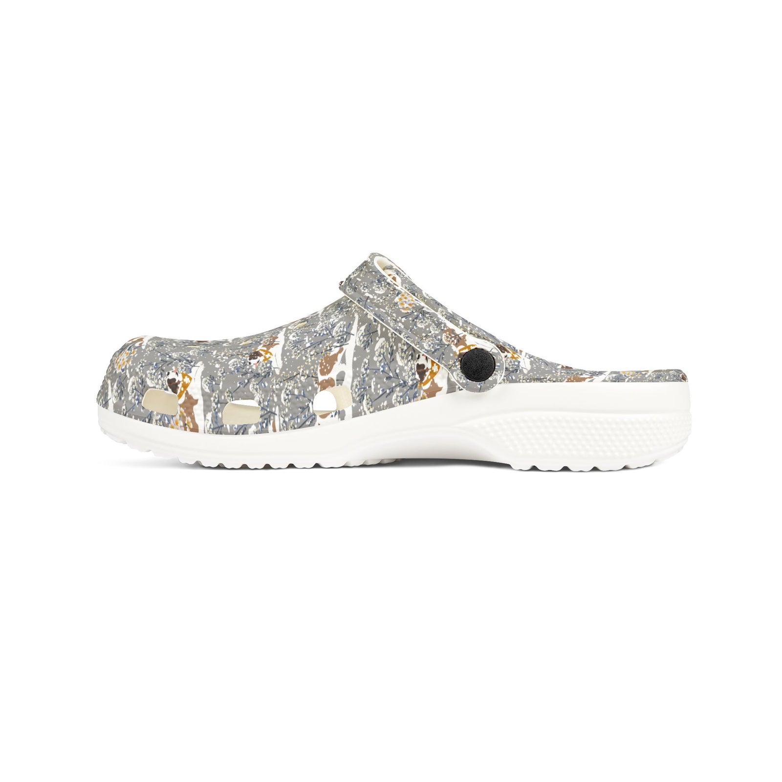 White EVA clog shoes with an all-over gray Saint Bernard pattern with snowy florals by Lucy and Norman