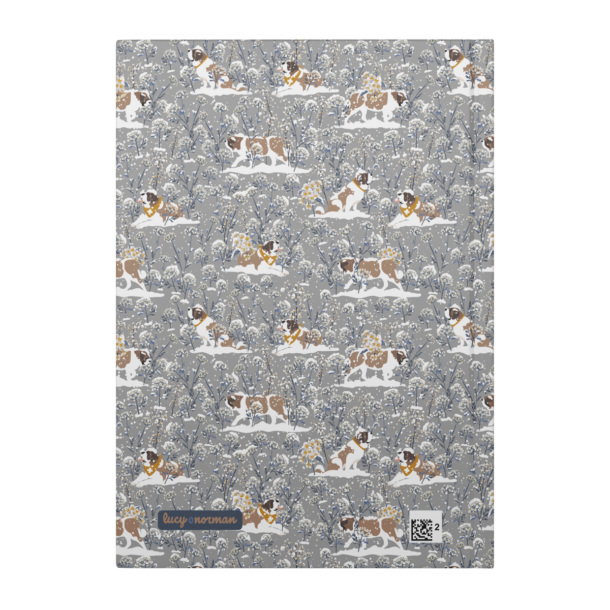 Snowflower Saint Bernard hardcover lined journal with a grey cover featuring Saint Bernards in golden bandanas among snowy winter wildflowers.