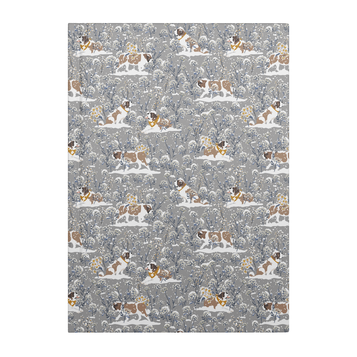 Snowflower Saint Bernard hardcover lined journal with a grey cover featuring Saint Bernards in golden bandanas among snowy winter wildflowers.