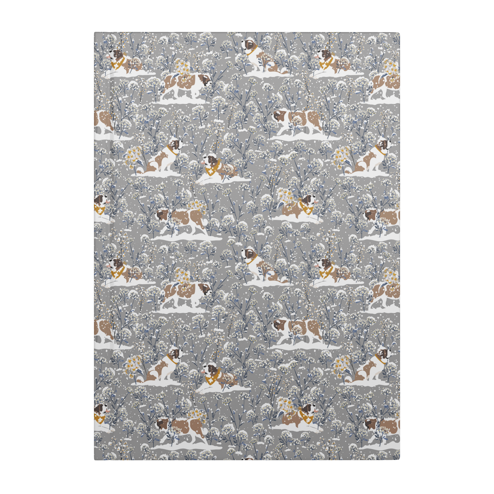 Snowflower Saint Bernard hardcover lined journal with a grey cover featuring Saint Bernards in golden bandanas among snowy winter wildflowers.