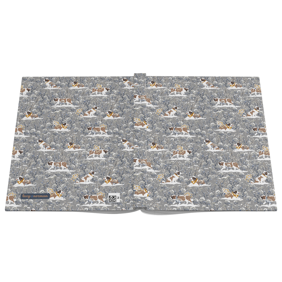 Snowflower Saint Bernard hardcover lined journal with a grey cover featuring Saint Bernards in golden bandanas among snowy winter wildflowers.