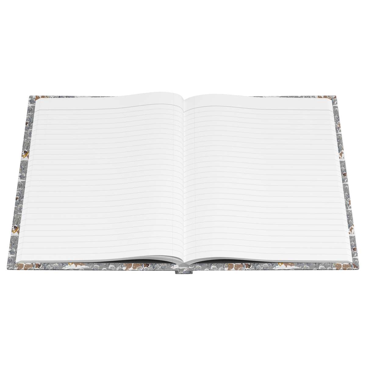 Snowflower Saint Bernard hardcover lined journal with a grey cover featuring Saint Bernards in golden bandanas among snowy winter wildflowers.
