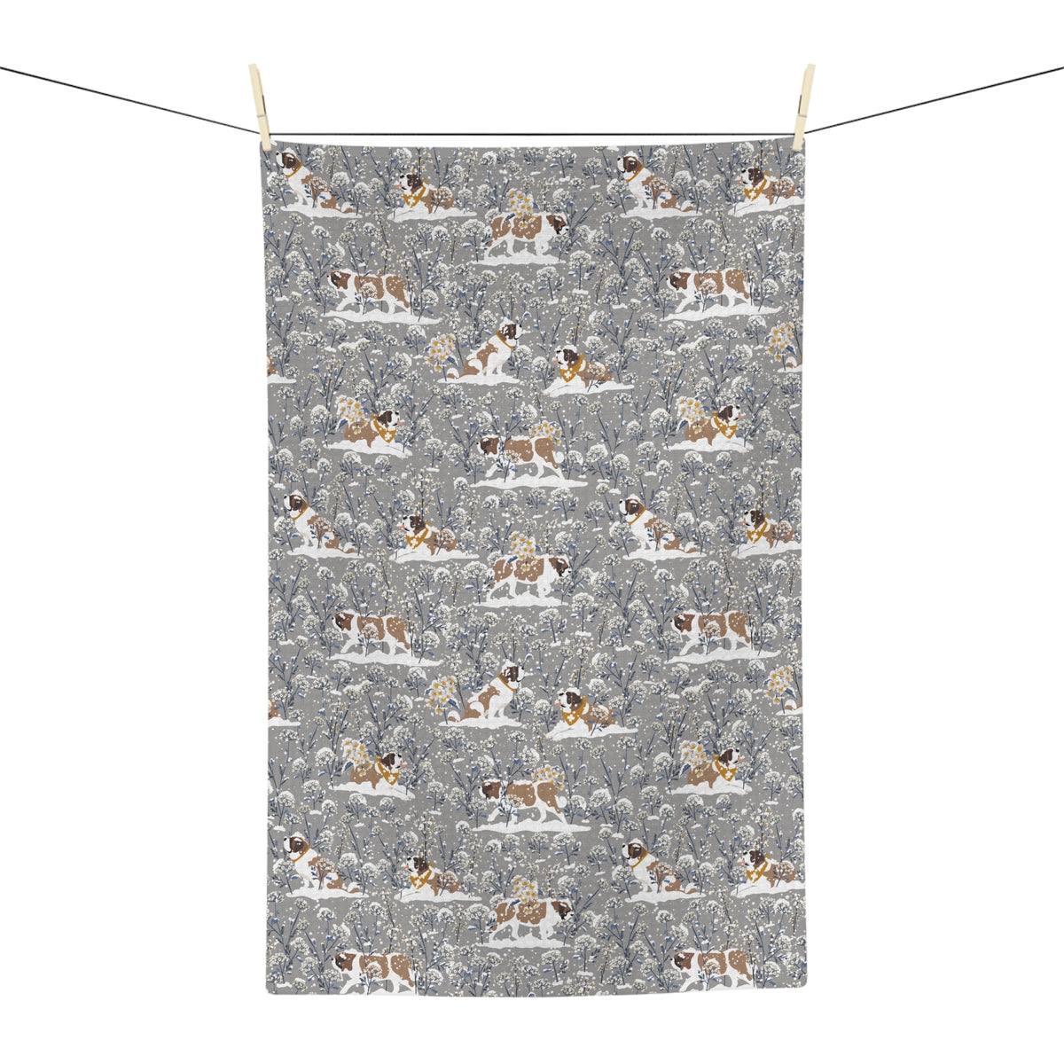 Snowflower Saint Bernard microfiber tea towel with a soft gray print of Saint Bernards in golden bandanas among snowy winter wildflowers.