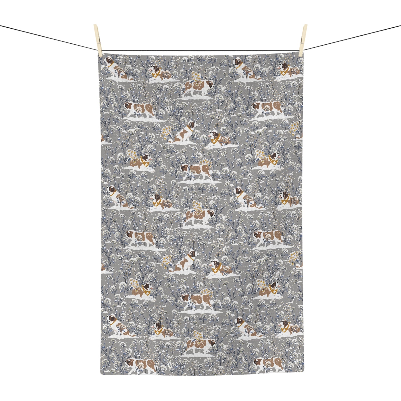 Snowflower Saint Bernard microfiber tea towel with a soft gray print of Saint Bernards in golden bandanas among snowy winter wildflowers.