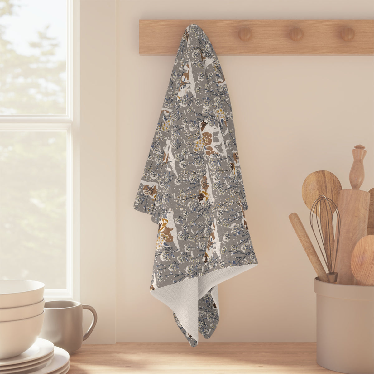 Snowflower Saint Bernard microfiber tea towel with a soft gray print of Saint Bernards in golden bandanas among snowy winter wildflowers.