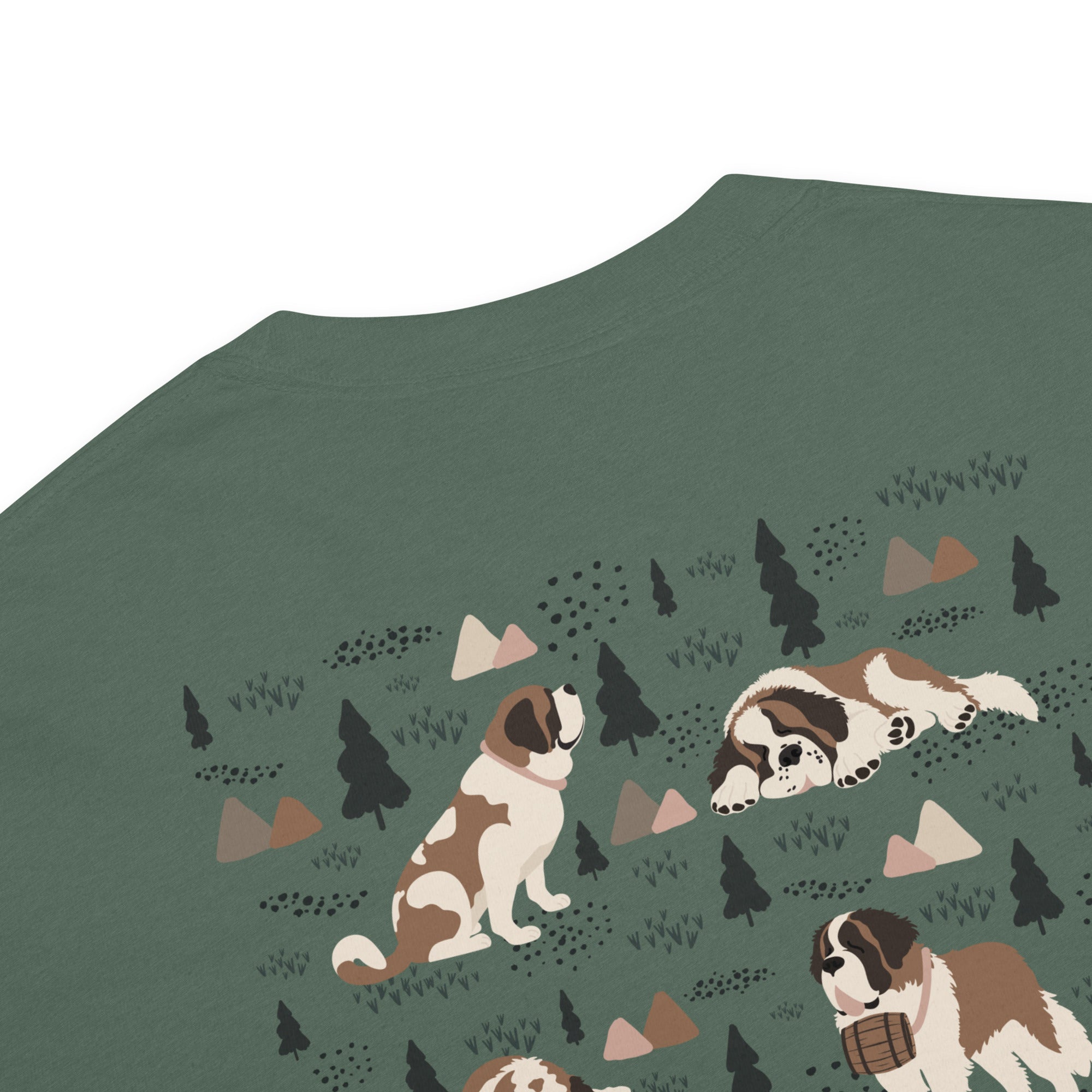 Comfort Colors blue spruce t-shirt featuring a woodland-mountain theme with Saint Bernard dogs on the back with a badge on left chest. Perfect Saint Bernard gift for dog lovers.