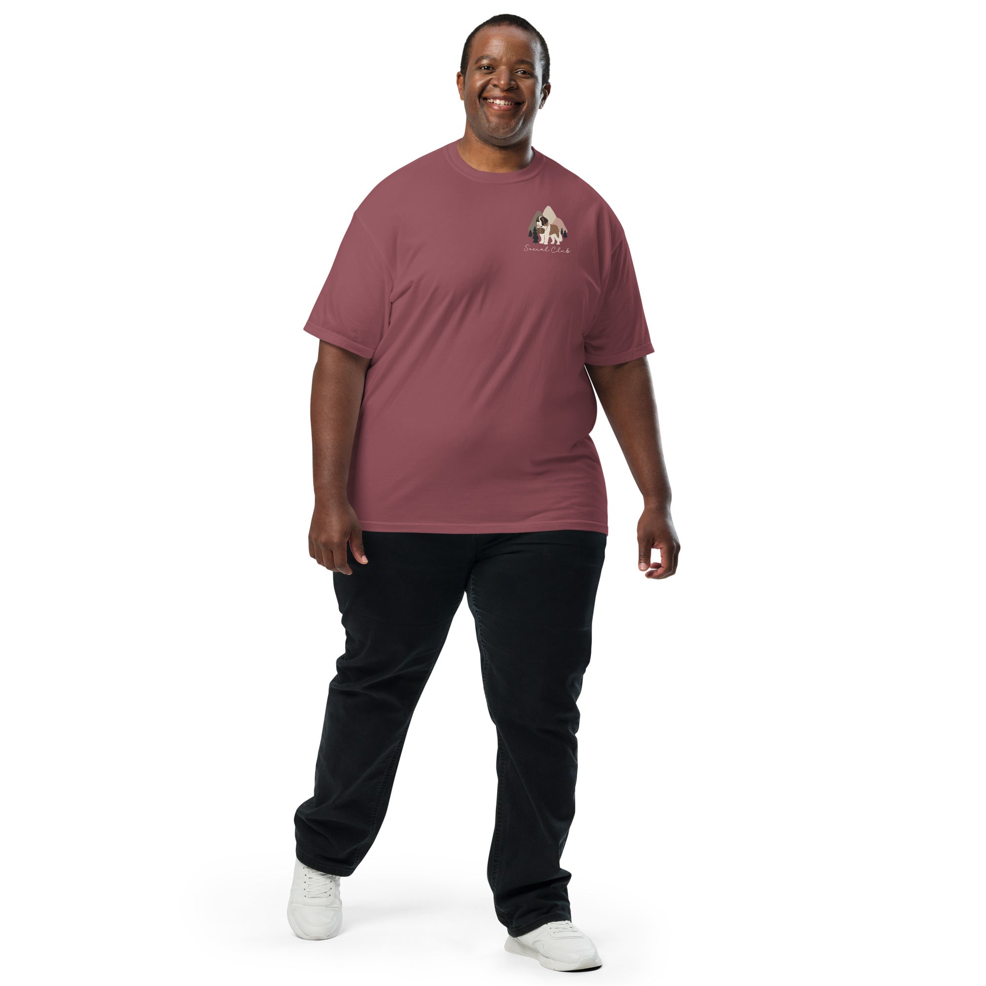 Comfort Colors brick t-shirt featuring a woodland-mountain theme with Saint Bernard dogs on the back with a badge on left chest. Perfect Saint Bernard gift for dog lovers.