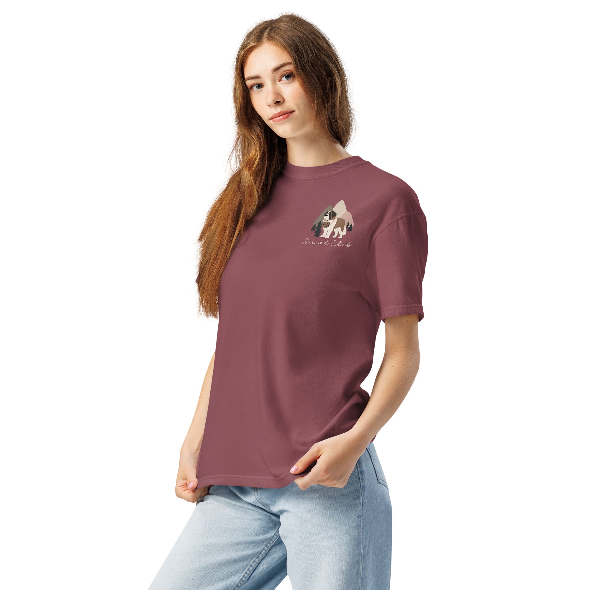 Comfort Colors brick t-shirt featuring a woodland-mountain theme with Saint Bernard dogs on the back with a badge on left chest. Perfect Saint Bernard gift for dog lovers.