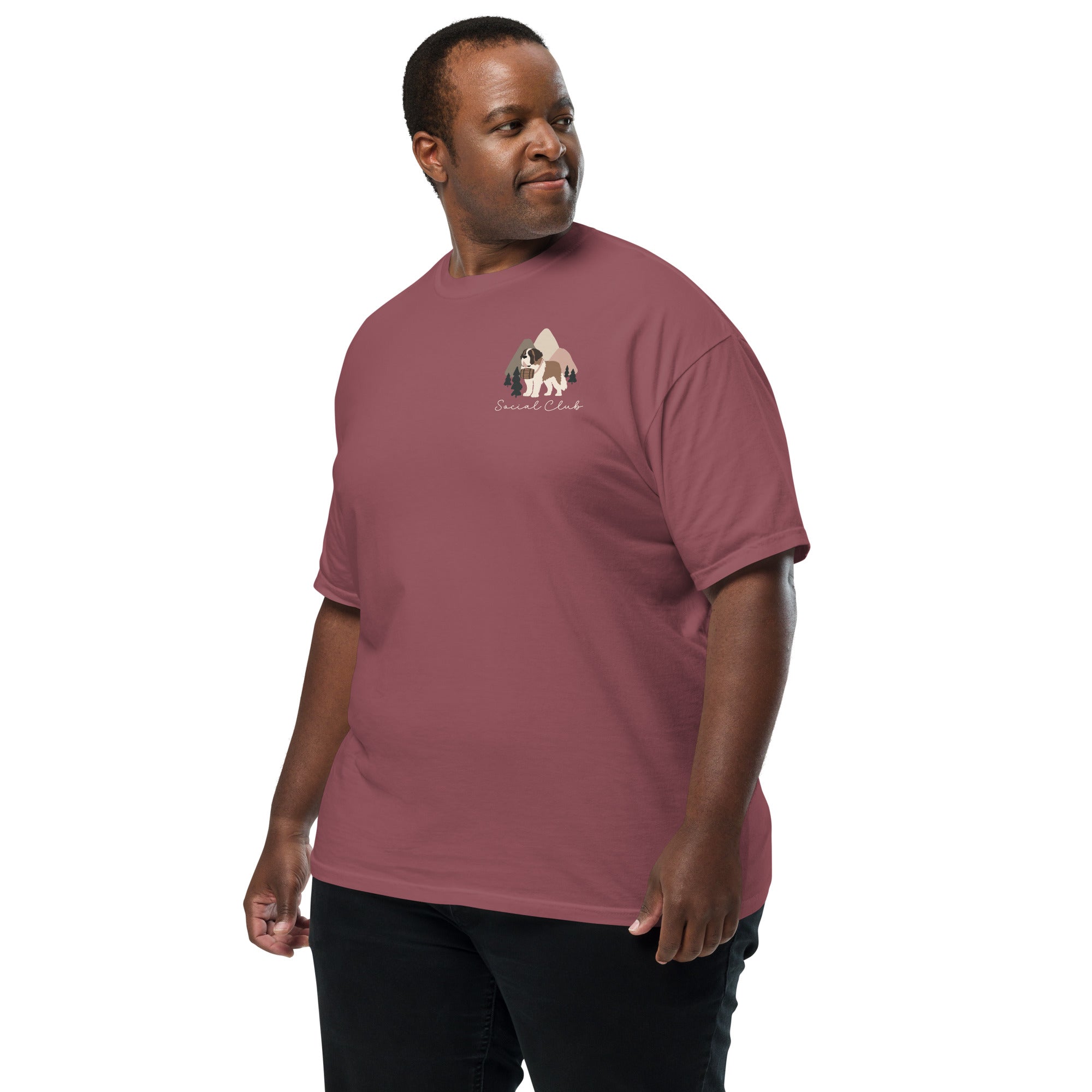 Comfort Colors brick t-shirt featuring a woodland-mountain theme with Saint Bernard dogs on the back with a badge on left chest. Perfect Saint Bernard gift for dog lovers.