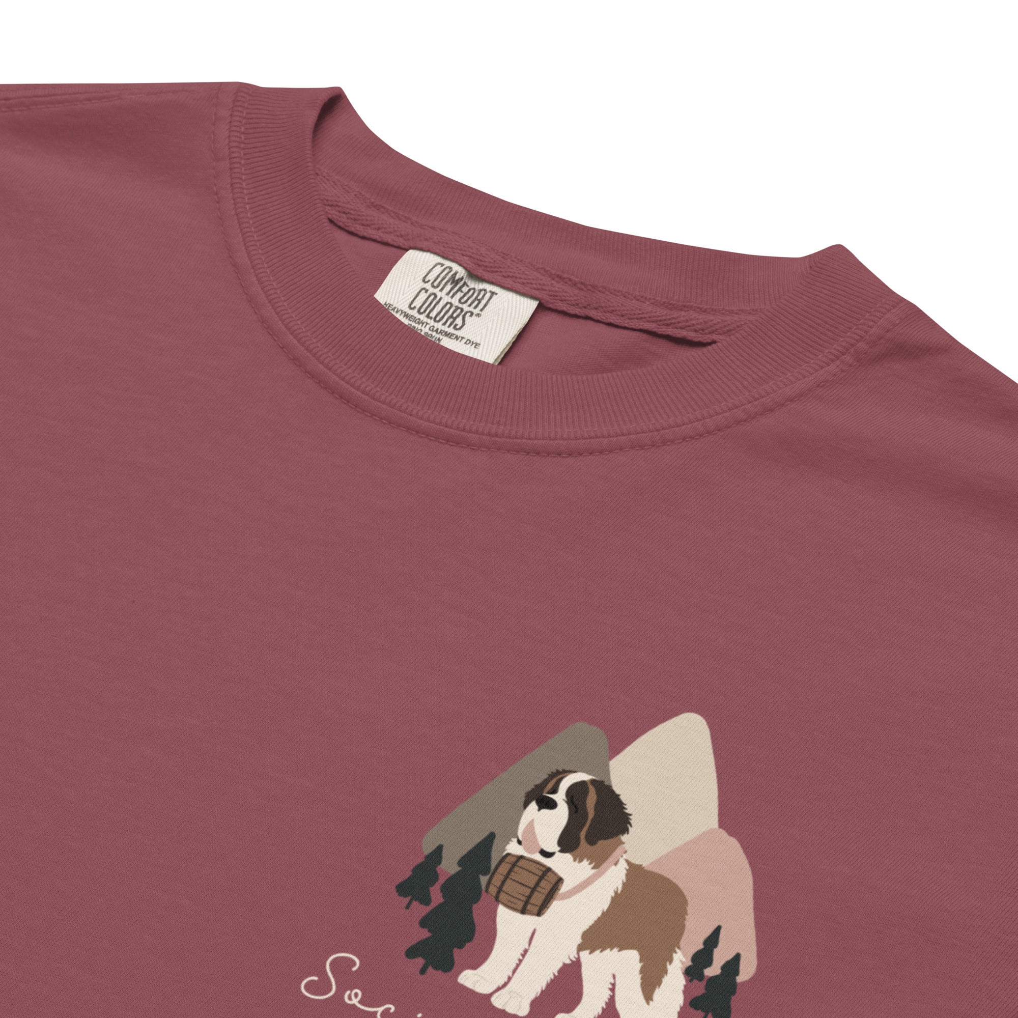 Comfort Colors brick t-shirt featuring a woodland-mountain theme with Saint Bernard dogs on the back with a badge on left chest. Perfect Saint Bernard gift for dog lovers.