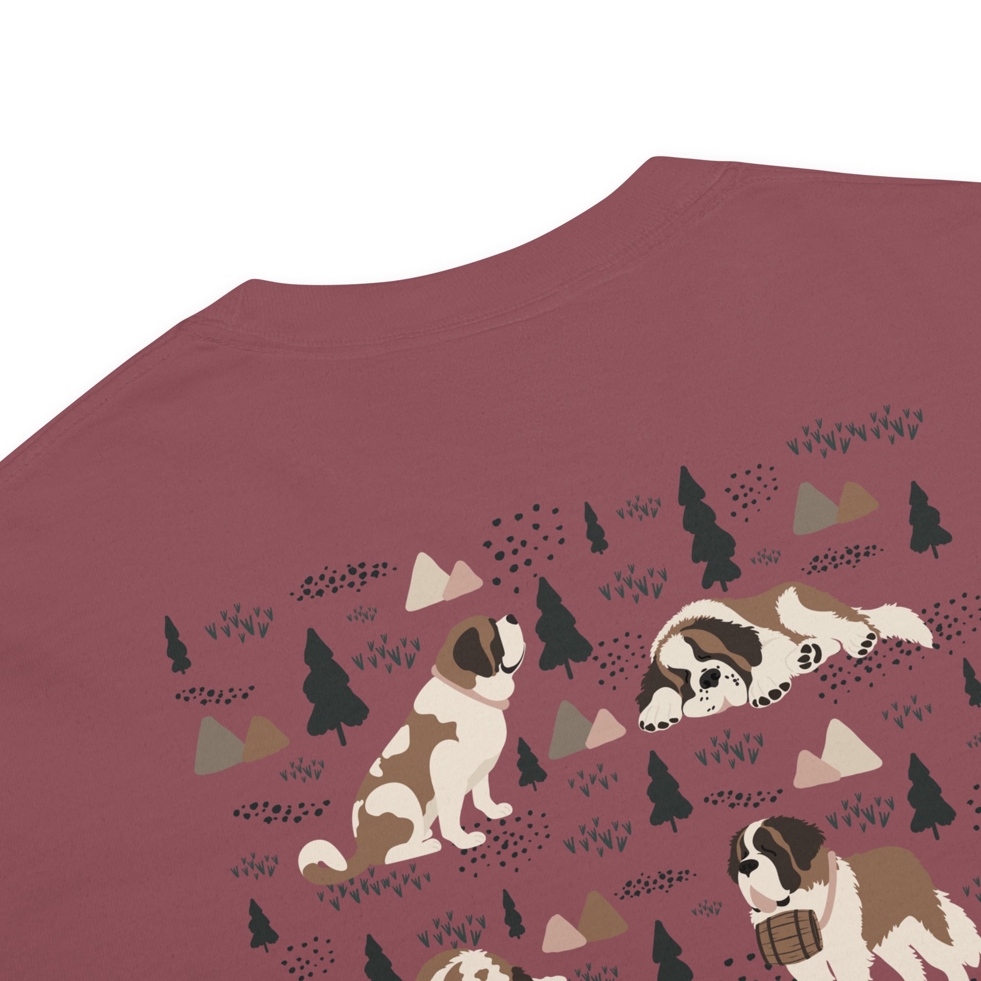 Comfort Colors brick t-shirt featuring a woodland-mountain theme with Saint Bernard dogs on the back with a badge on left chest. Perfect Saint Bernard gift for dog lovers.