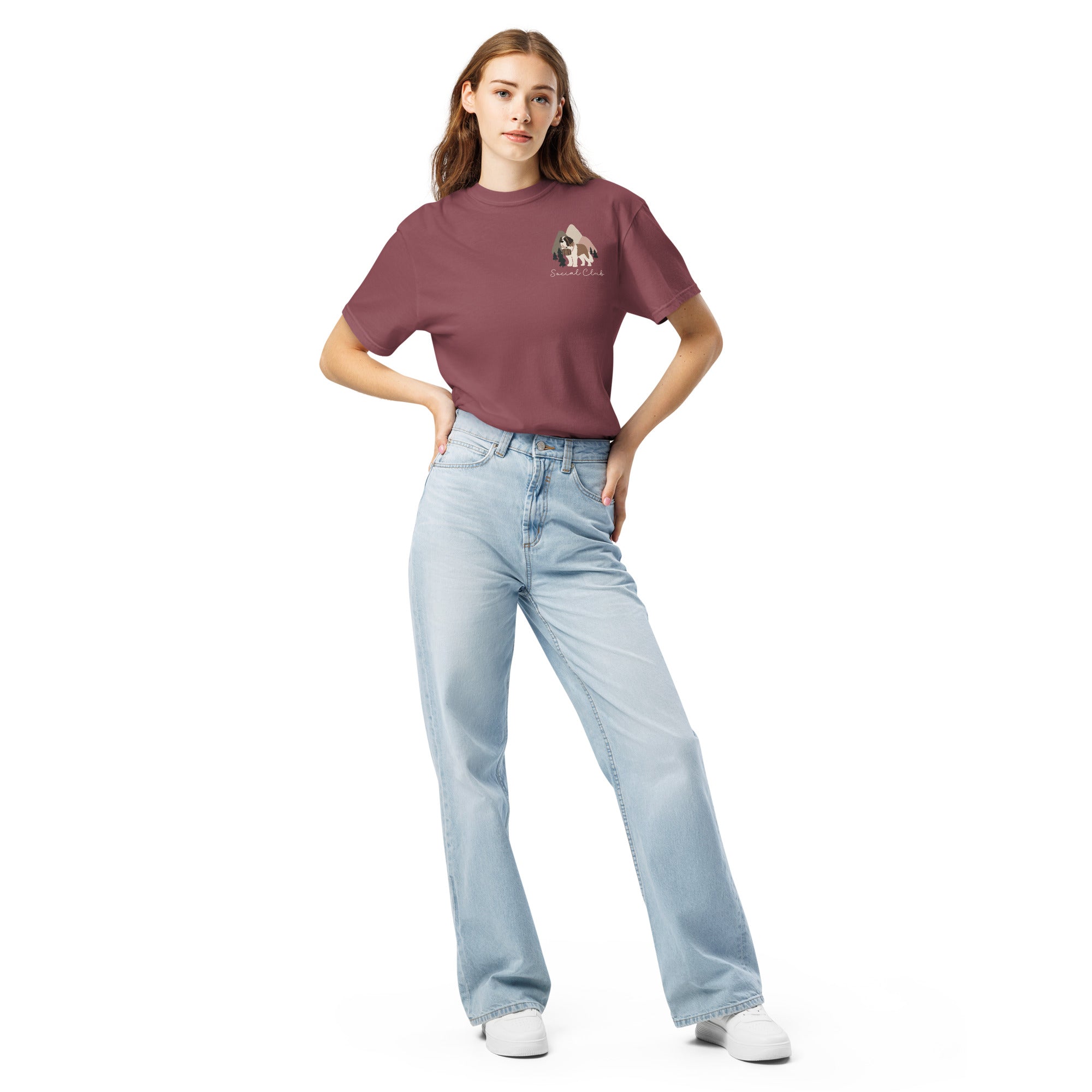 Comfort Colors brick t-shirt featuring a woodland-mountain theme with Saint Bernard dogs on the back with a badge on left chest. Perfect Saint Bernard gift for dog lovers.