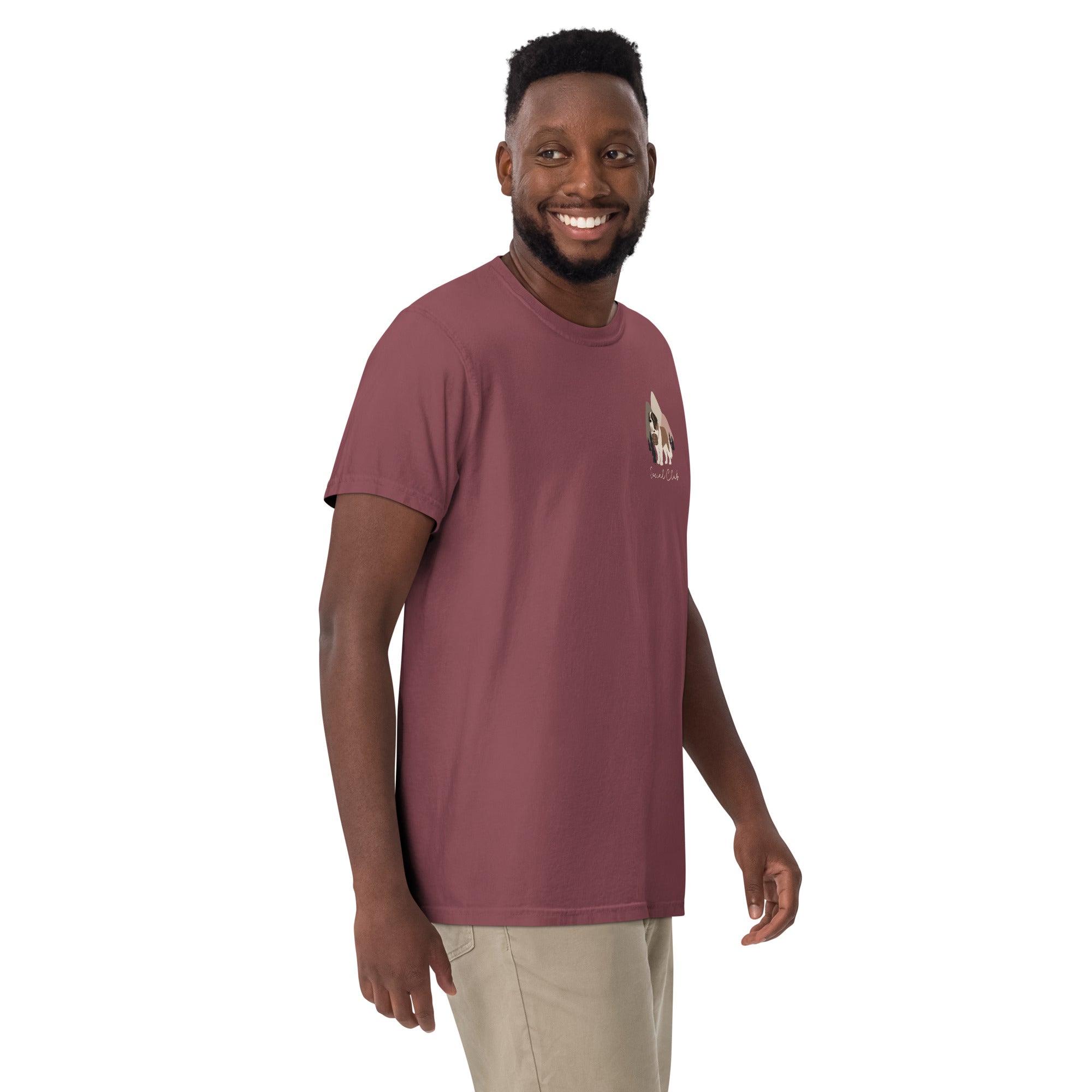 Comfort Colors brick t-shirt featuring a woodland-mountain theme with Saint Bernard dogs on the back with a badge on left chest. Perfect Saint Bernard gift for dog lovers.