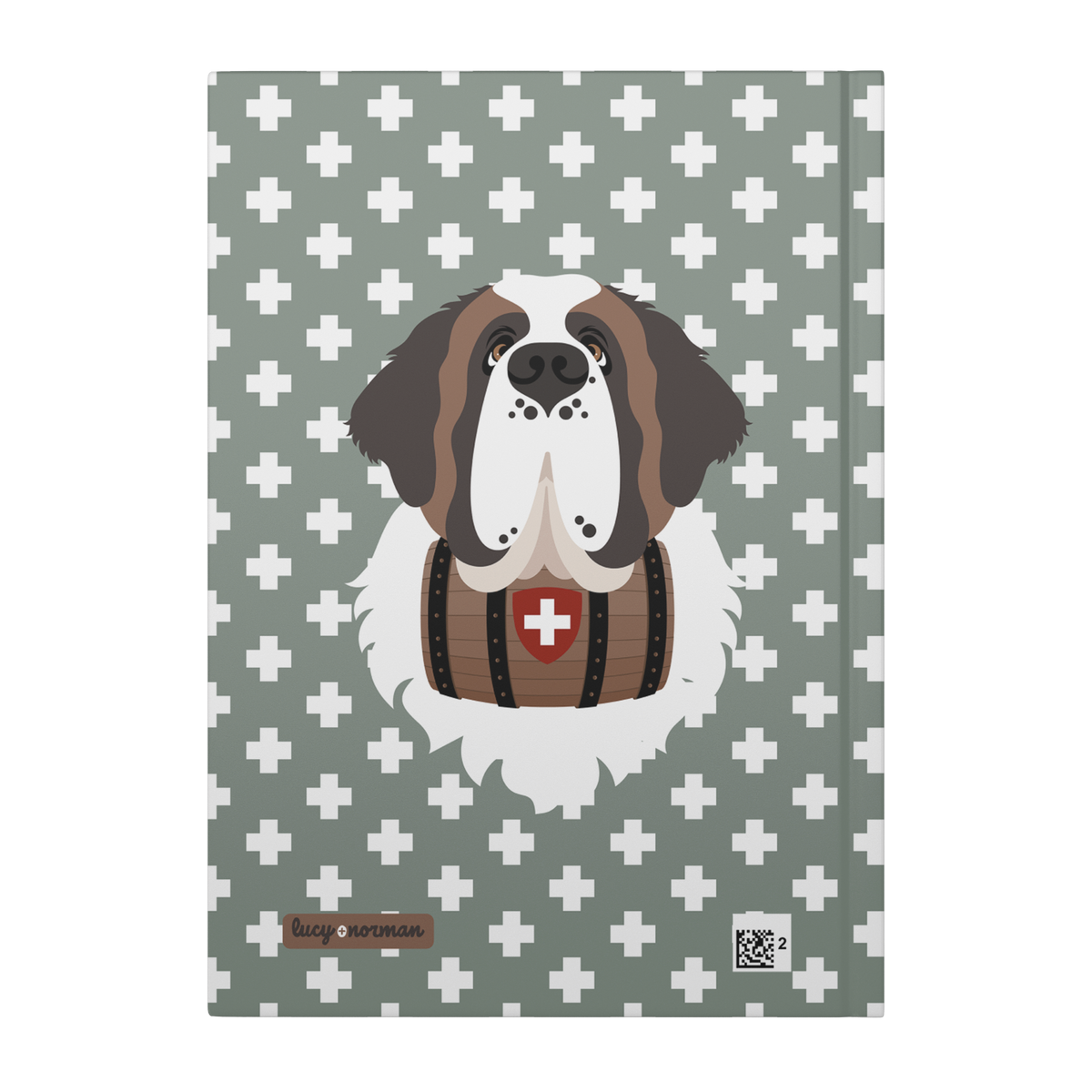 Swiss Cross Green Saint Bernard hardcover lined journal with a soft green cover featuring a Saint Bernard and rescue barrel among white Swiss crosses.