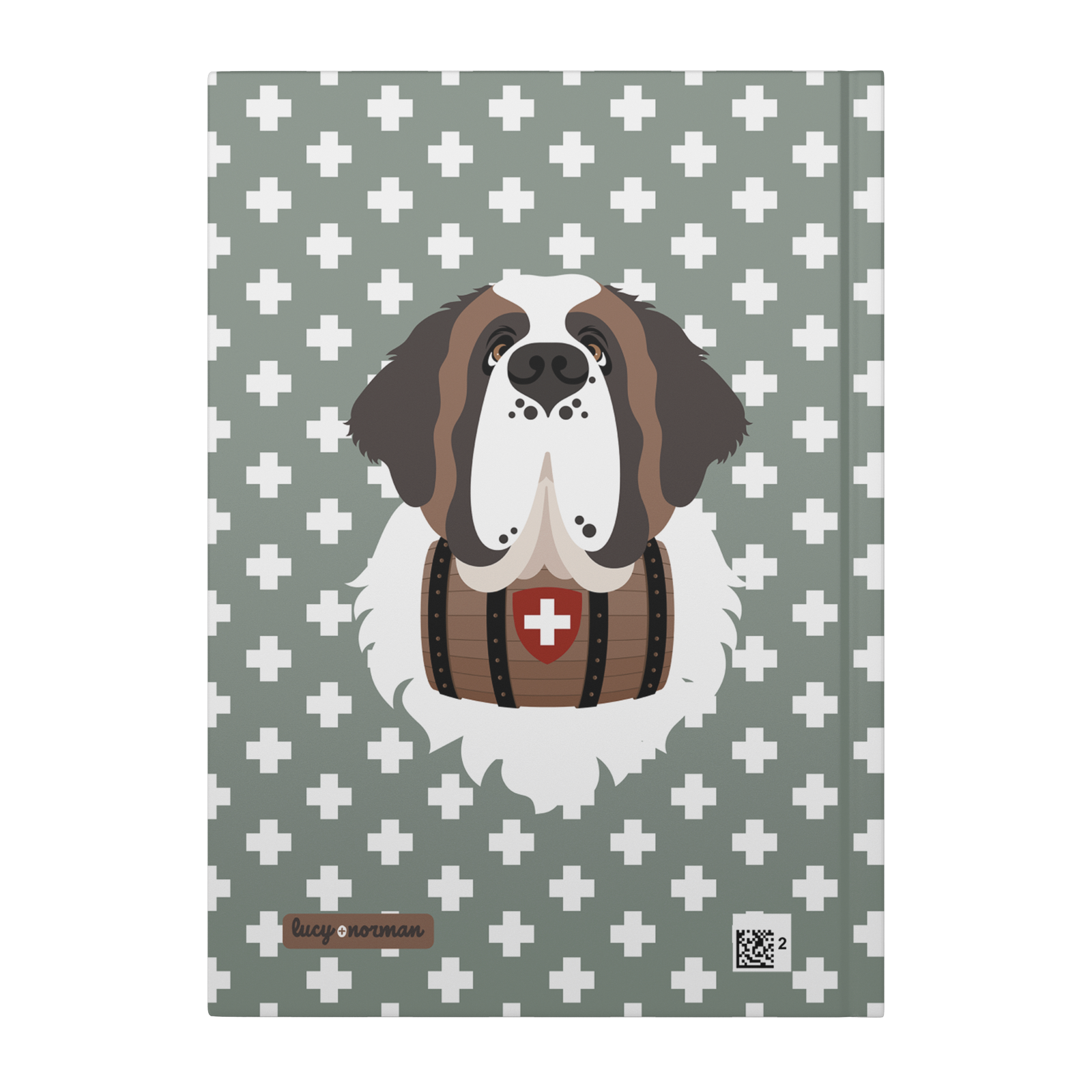Swiss Cross Green Saint Bernard hardcover lined journal with a soft green cover featuring a Saint Bernard and rescue barrel among white Swiss crosses.