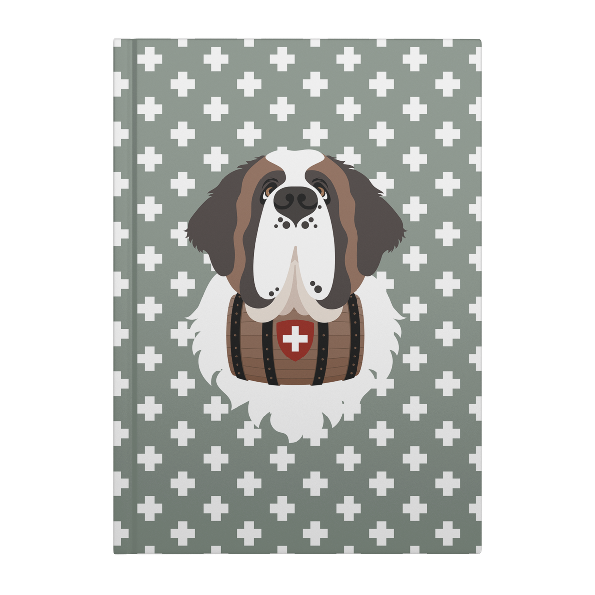 Swiss Cross Green Saint Bernard hardcover lined journal with a soft green cover featuring a Saint Bernard and rescue barrel among white Swiss crosses.
