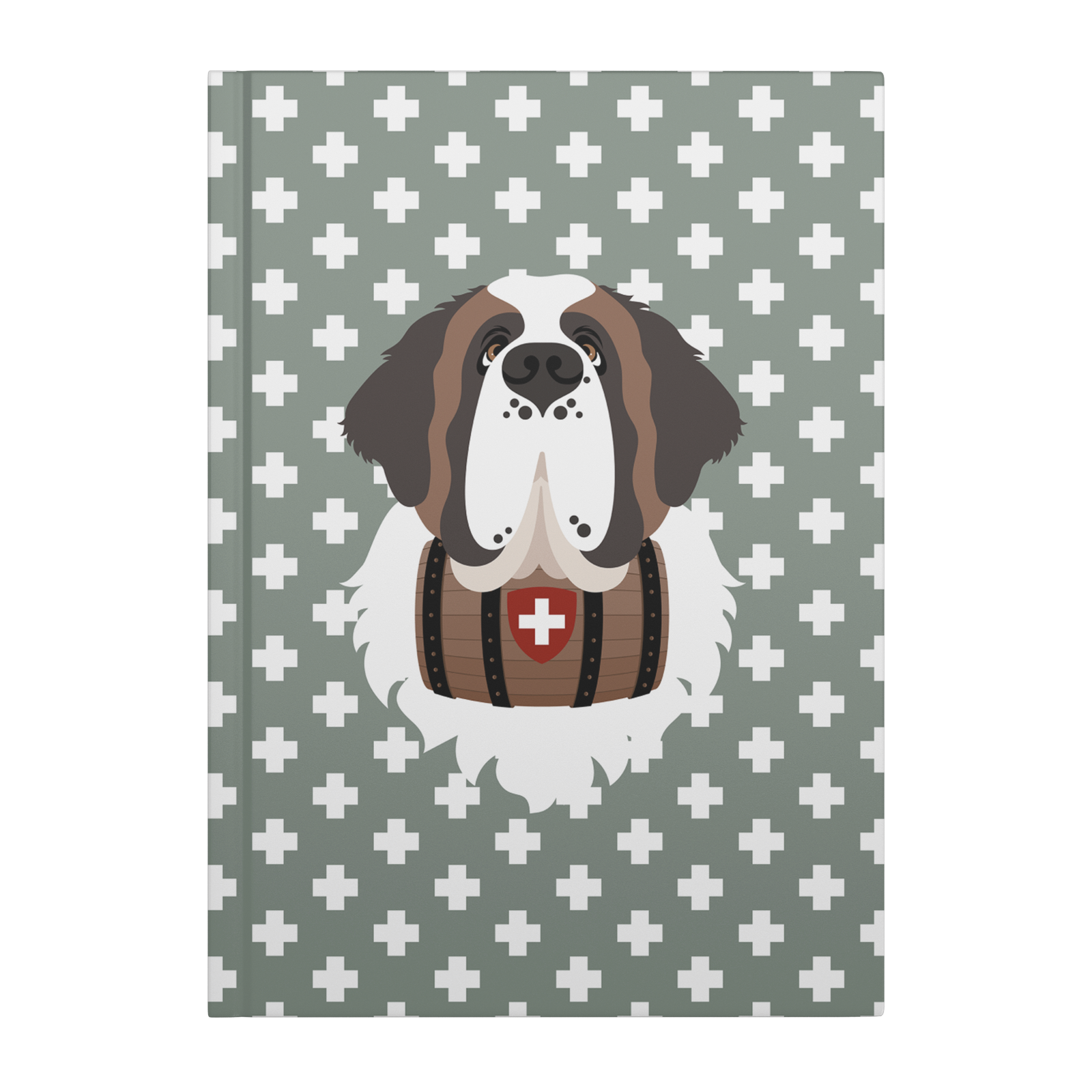Swiss Cross Green Saint Bernard hardcover lined journal with a soft green cover featuring a Saint Bernard and rescue barrel among white Swiss crosses.