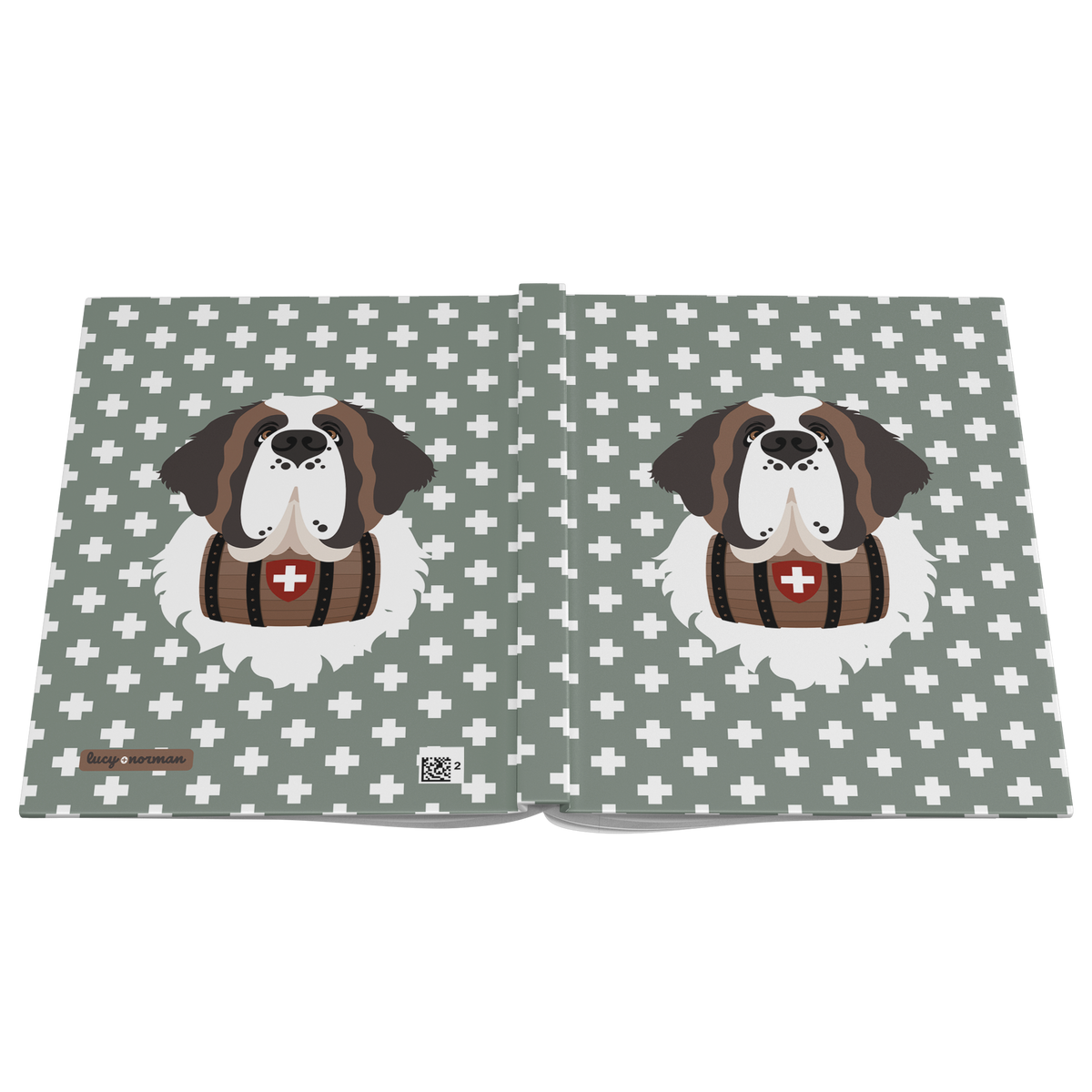 Swiss Cross Green Saint Bernard hardcover lined journal with a soft green cover featuring a Saint Bernard and rescue barrel among white Swiss crosses.