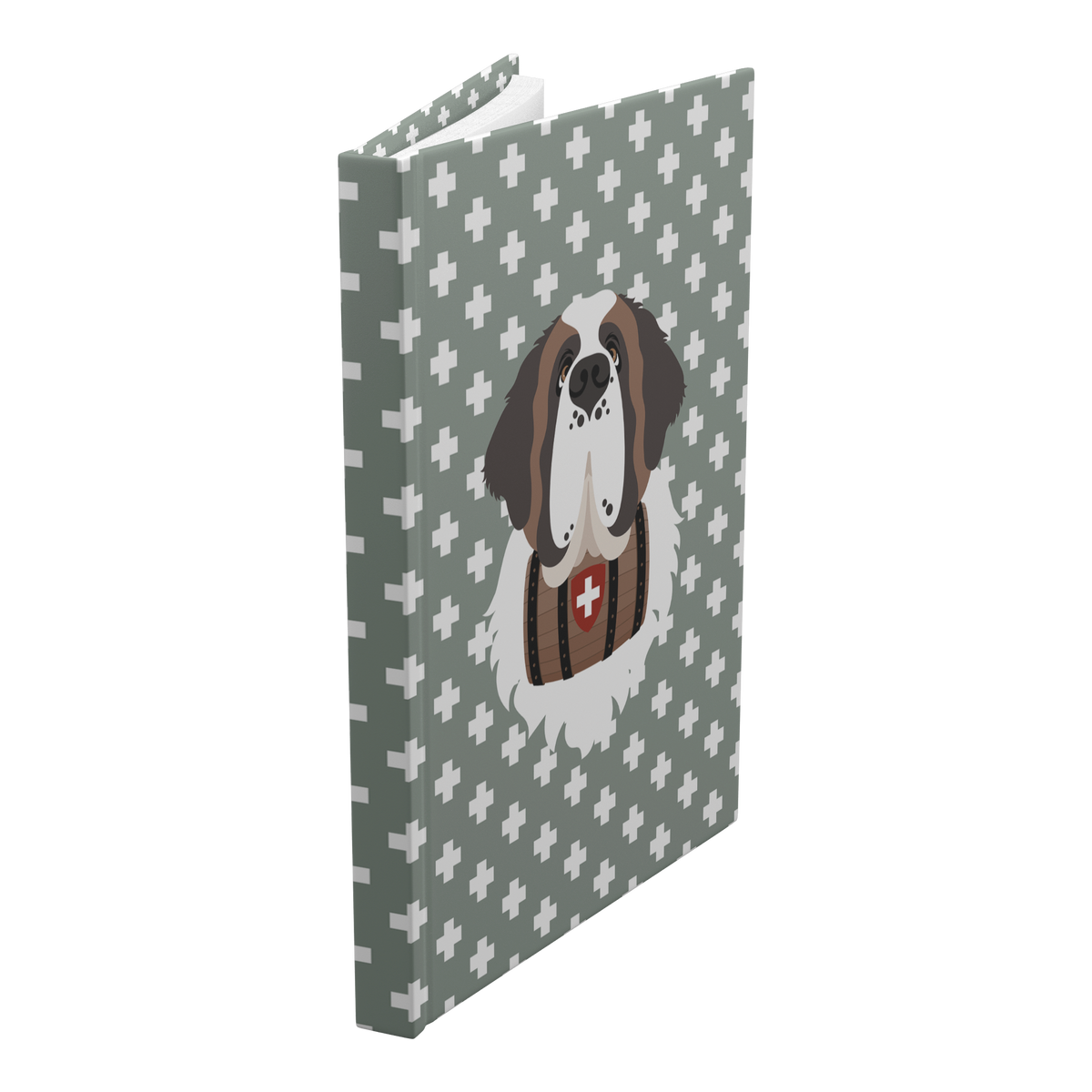 Swiss Cross Green Saint Bernard hardcover lined journal with a soft green cover featuring a Saint Bernard and rescue barrel among white Swiss crosses.